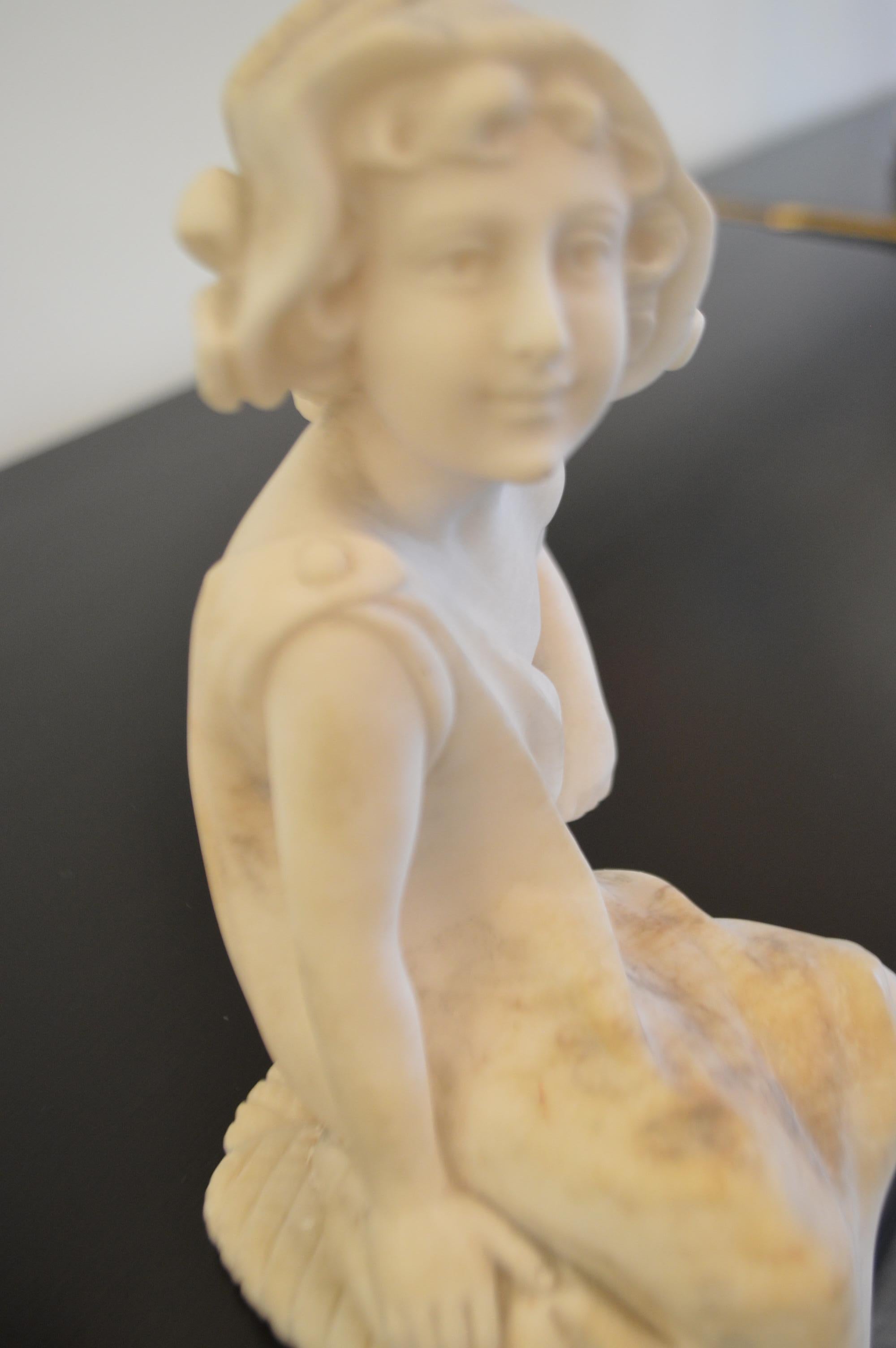 French Small Marble of Young Girl Sitting to Be Placed on Edge of a Shelf or Table For Sale