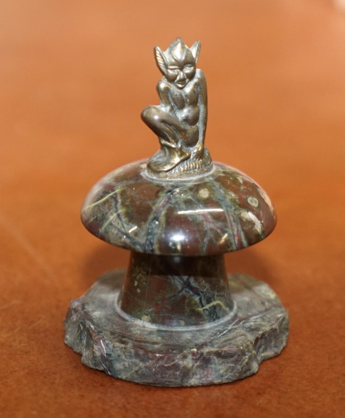 Art Deco Small Marble Statue with a Little Bronze Pixy Sitting on Top of a Polished Rock