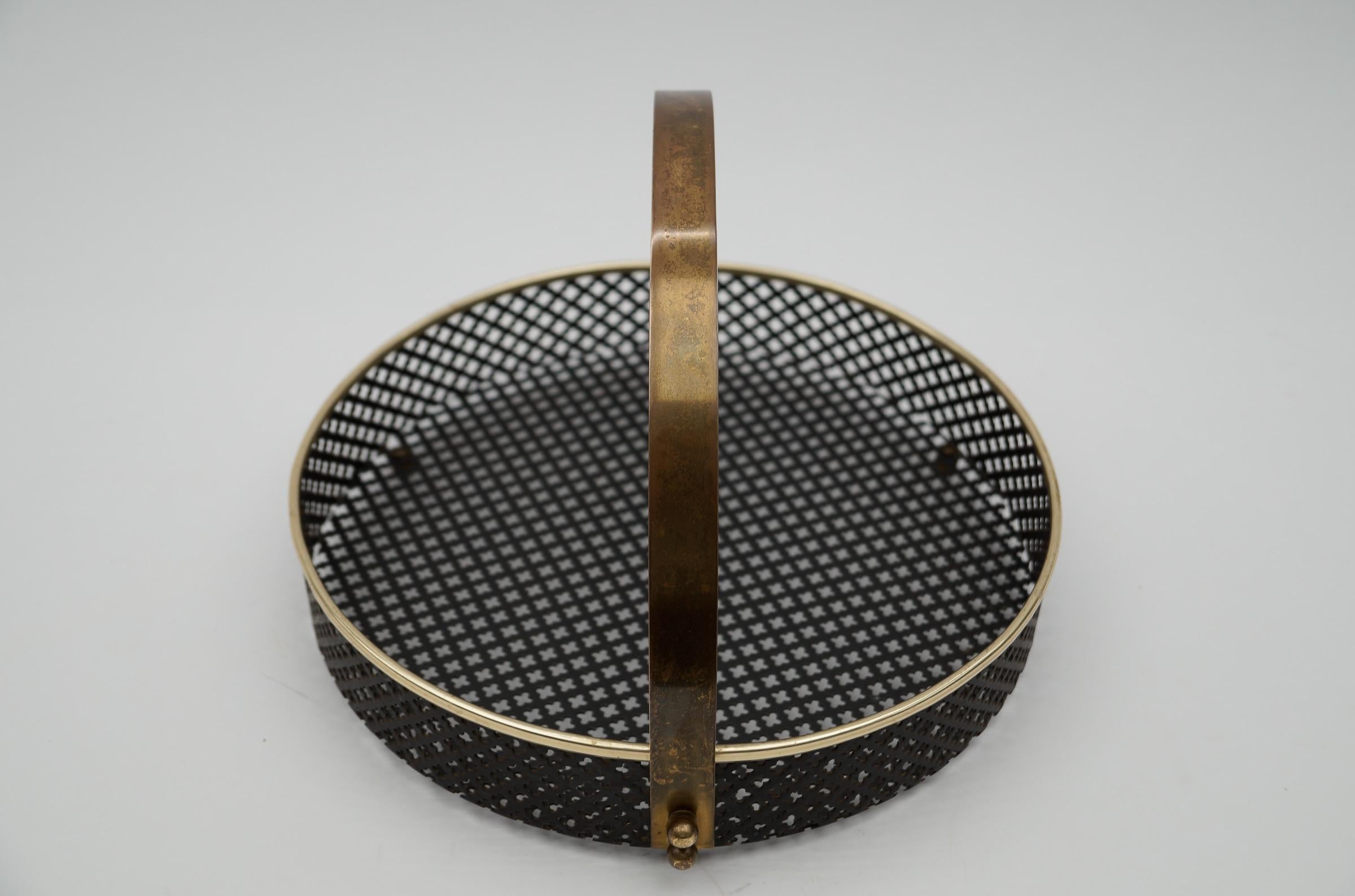Mid-Century Modern Small Mategot style perforated metal portable serving tray with brass handle For Sale