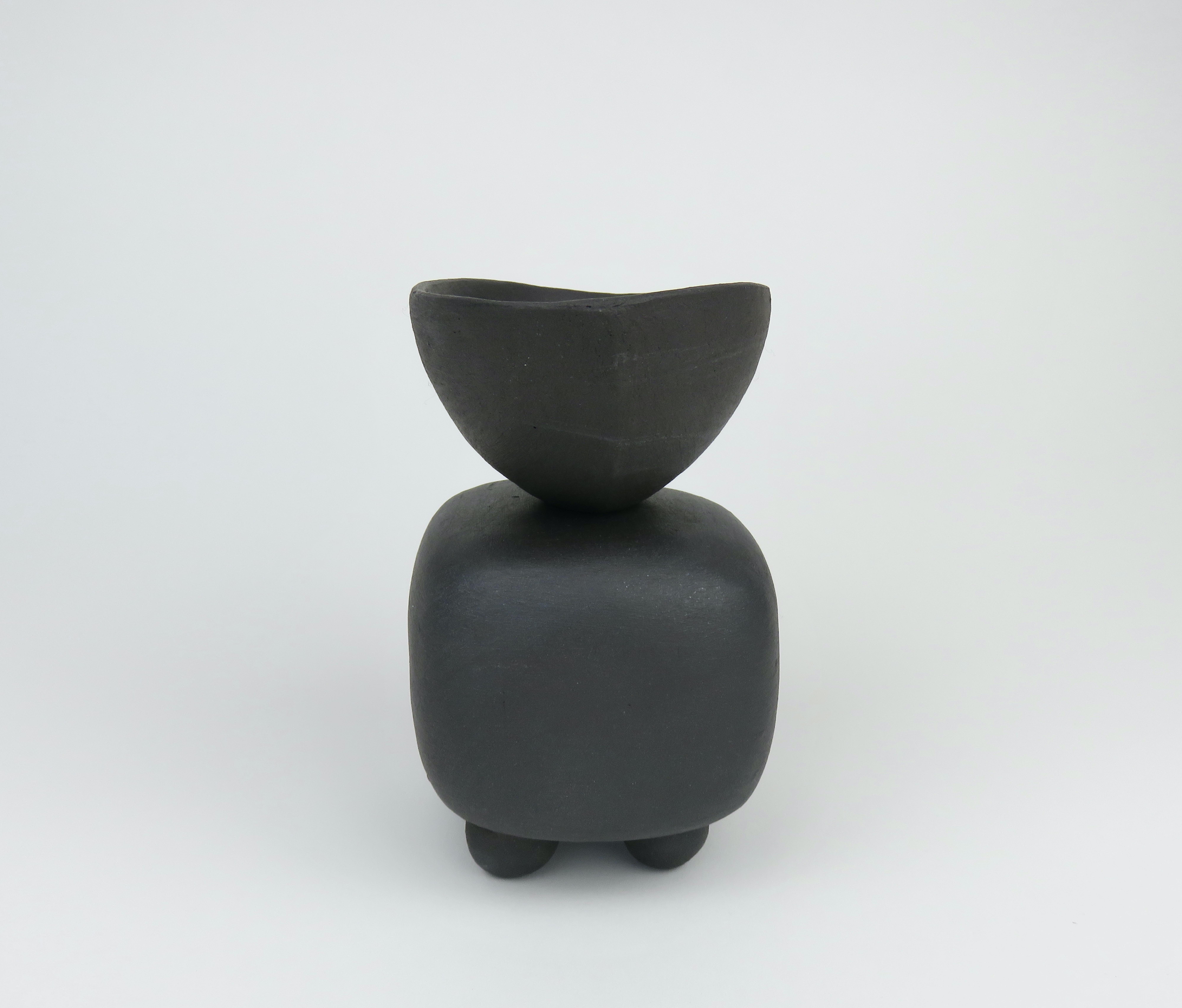 Organic Modern Small Matte Black Ceramic TOTEM, Soft Rectangular Form w/ Bowl Top, Ball Feet
