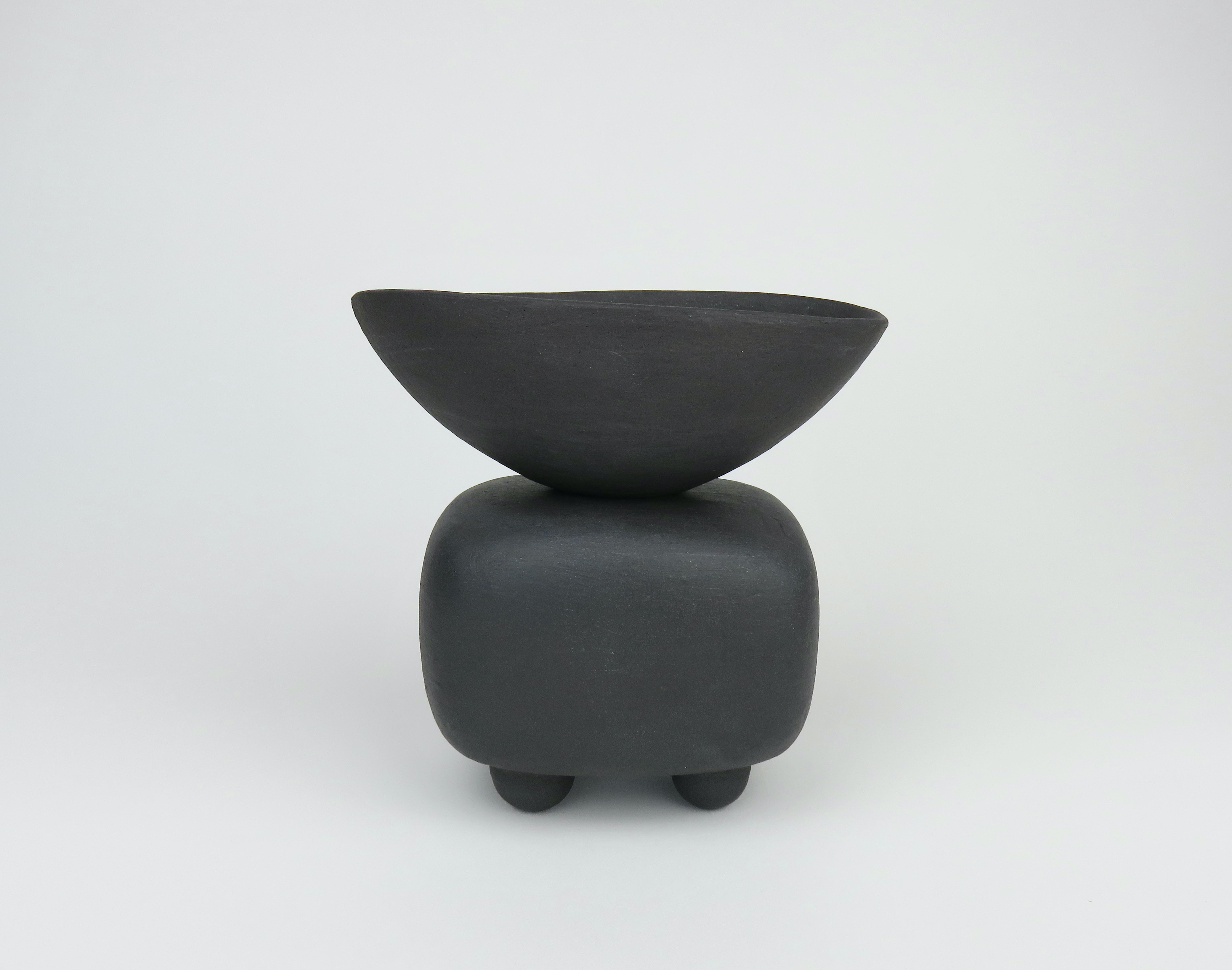 American Small Matte Black Ceramic TOTEM, Soft Rectangular Form w/ Bowl Top, Ball Feet