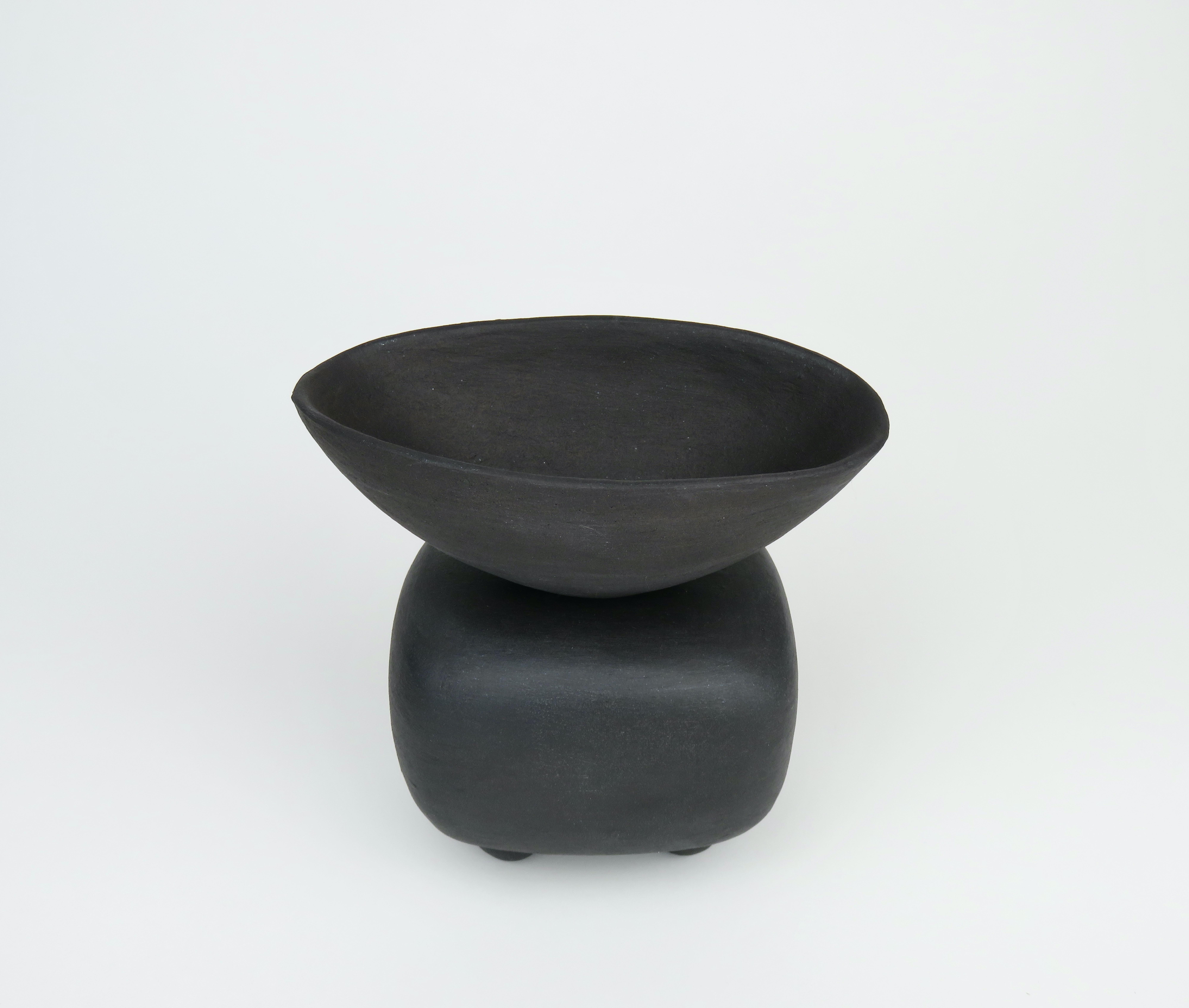 Unglazed Small Matte Black Ceramic TOTEM, Soft Rectangular Form w/ Bowl Top, Ball Feet