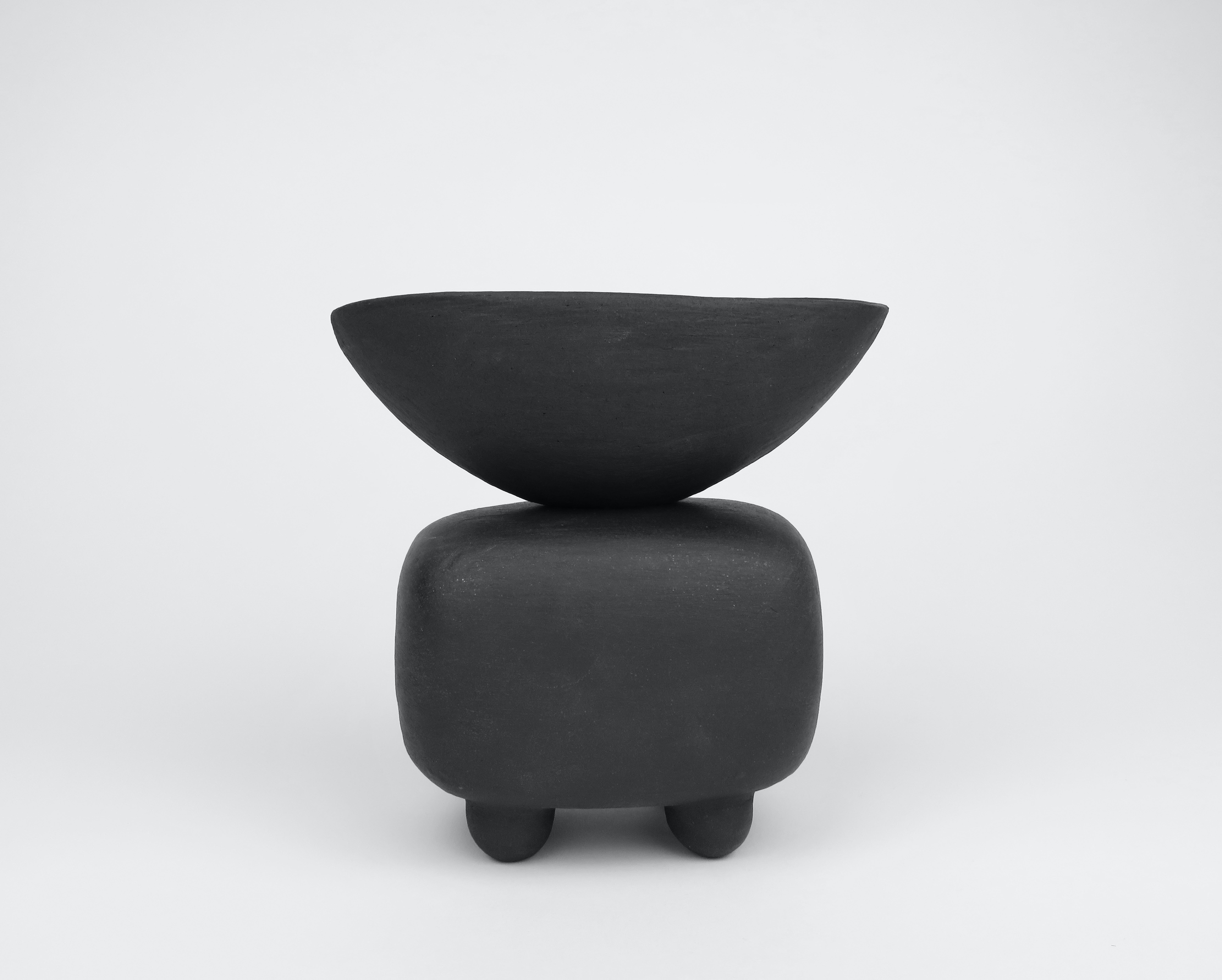 Small Matte Black Ceramic TOTEM, Soft Rectangular Form w/ Bowl Top, Ball Feet In New Condition In New York, NY