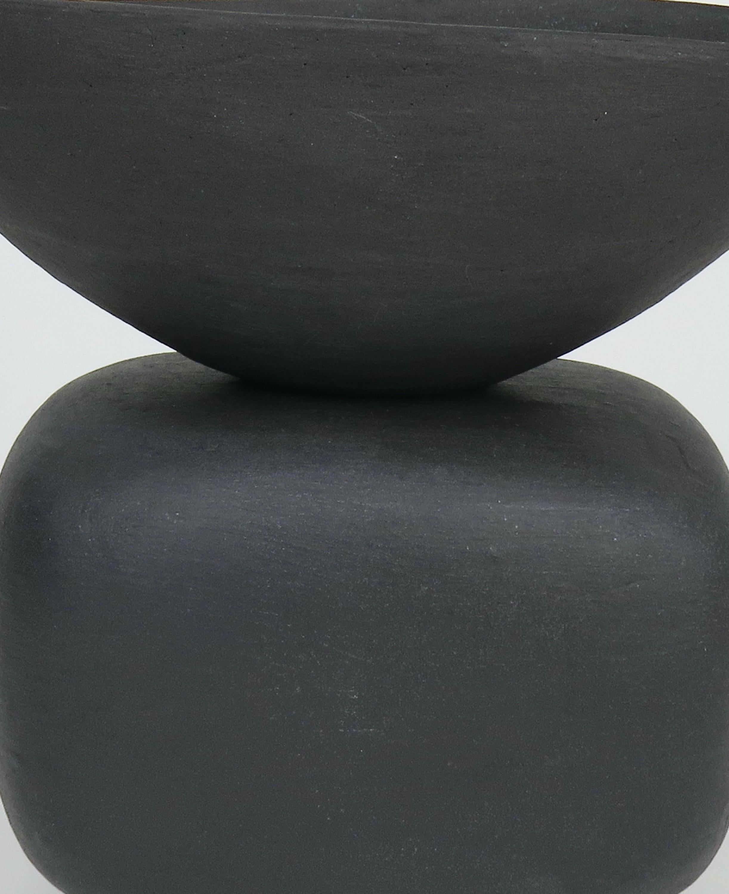 Contemporary Small Matte Black Ceramic TOTEM, Soft Rectangular Form w/ Bowl Top, Ball Feet