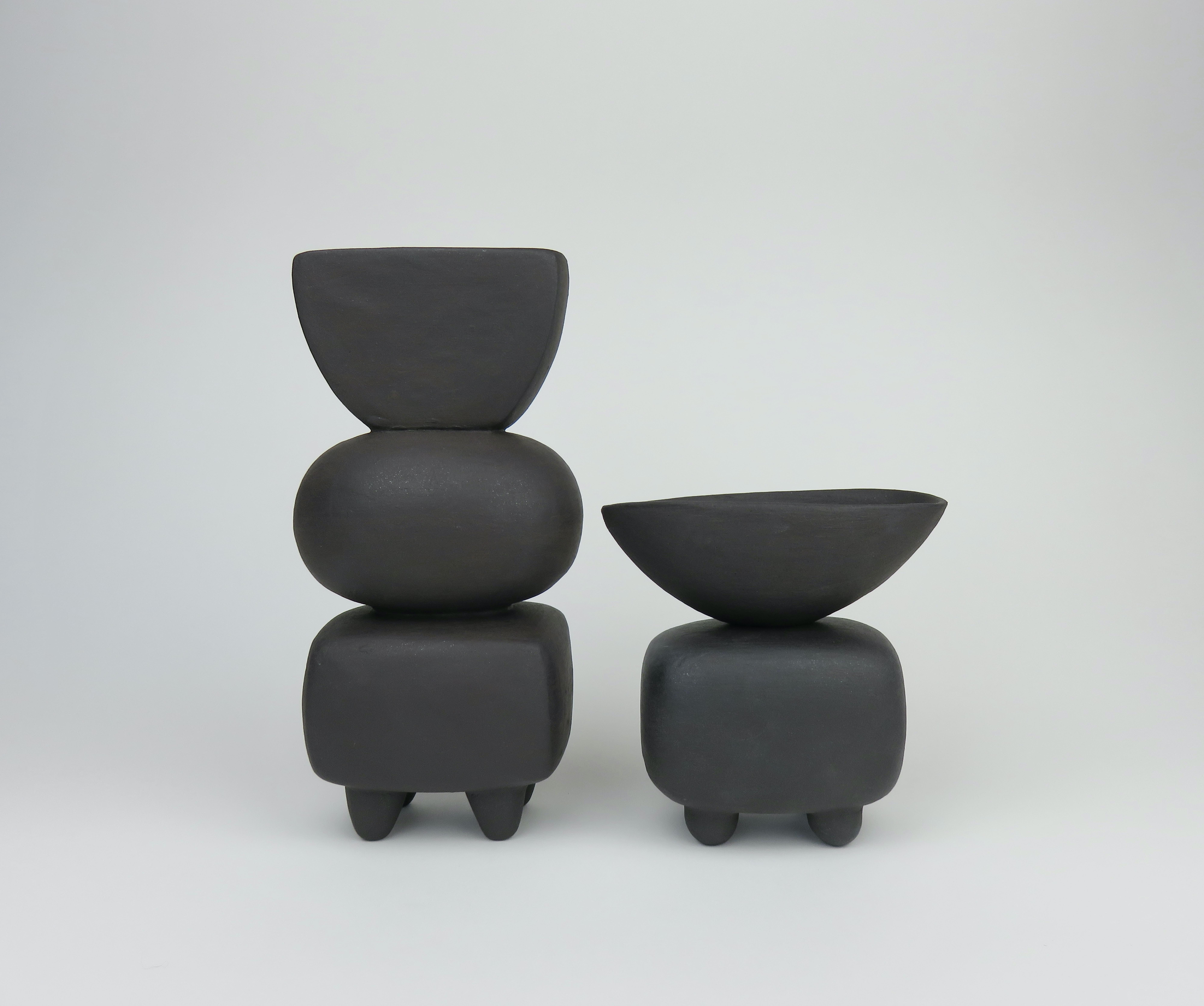 Small Matte Black Ceramic TOTEM, Soft Rectangular Form w/ Bowl Top, Ball Feet 3
