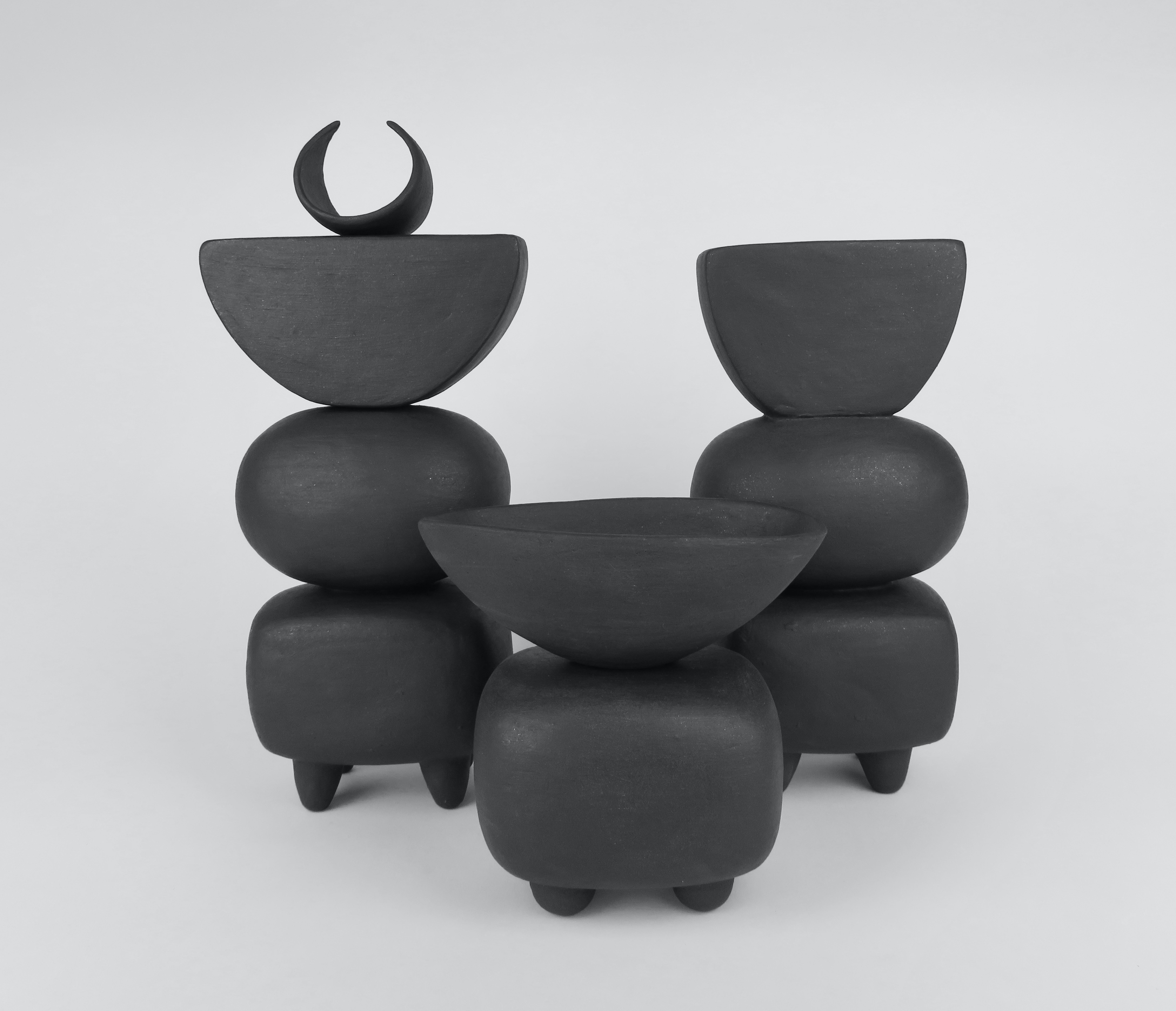 Small Matte Black Ceramic TOTEM, Soft Rectangular Form w/ Bowl Top, Ball Feet 4