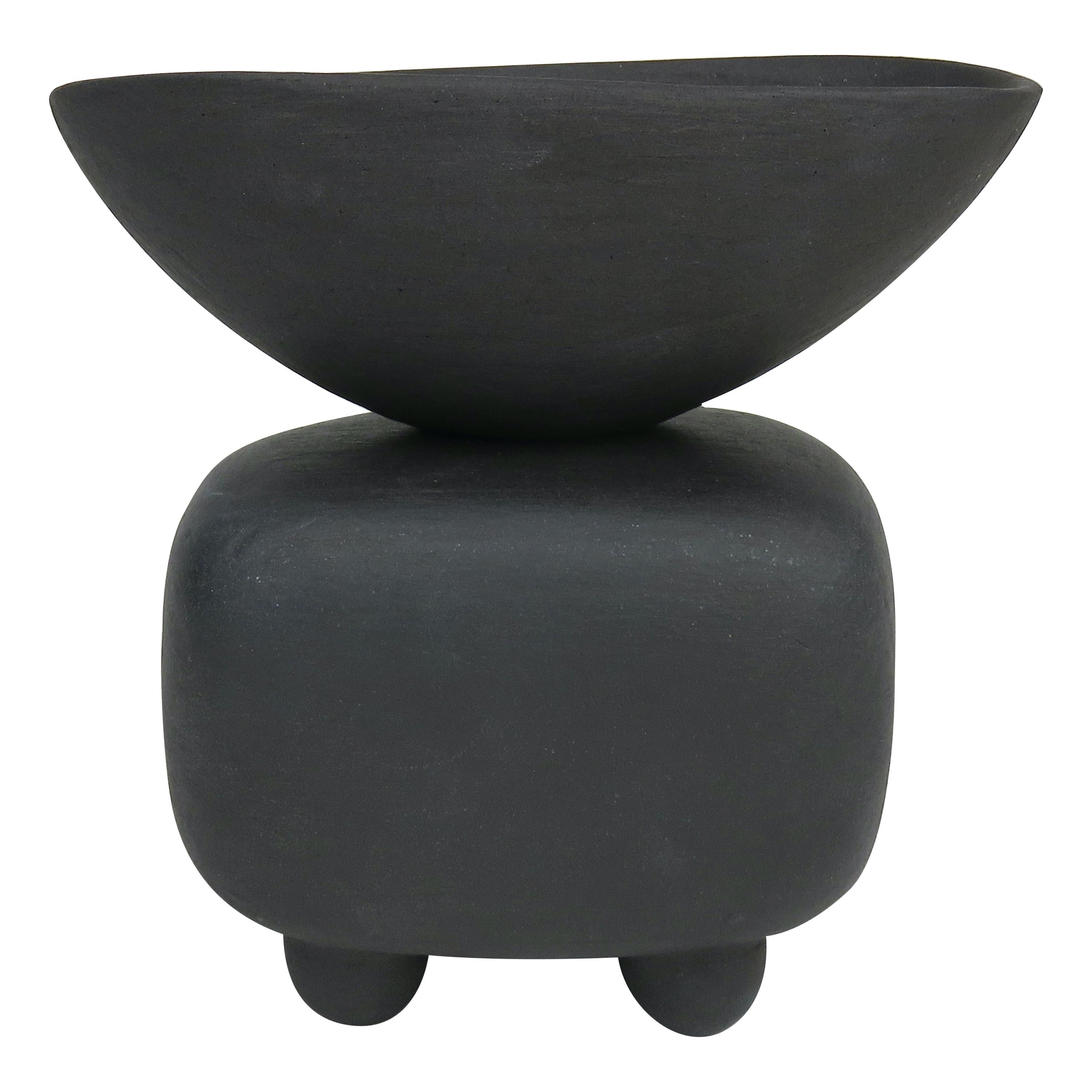 Small Matte Black Ceramic TOTEM, Soft Rectangular Form w/ Bowl Top, Ball Feet