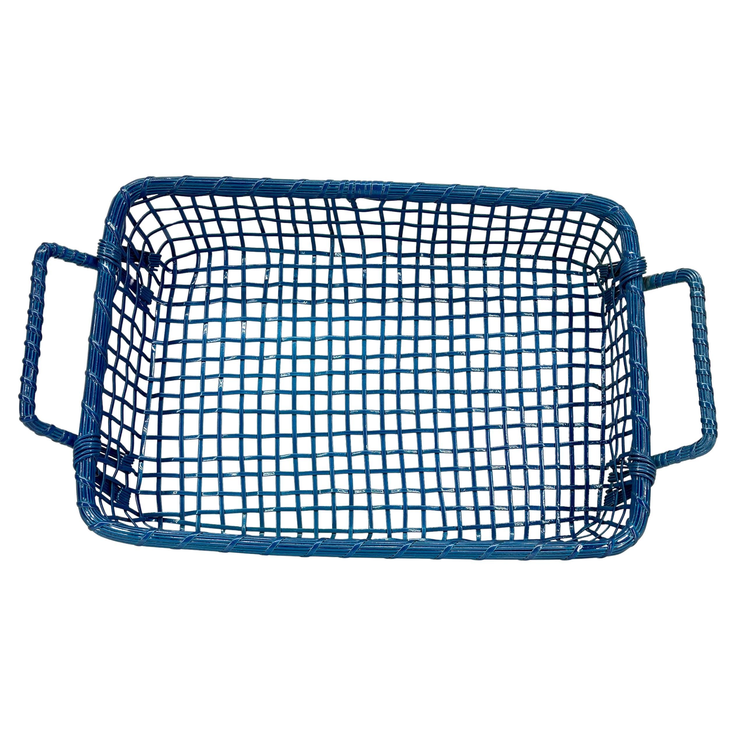 Modern Small Maui Blue Metal Wire Basket Tray with Two Handles For Sale