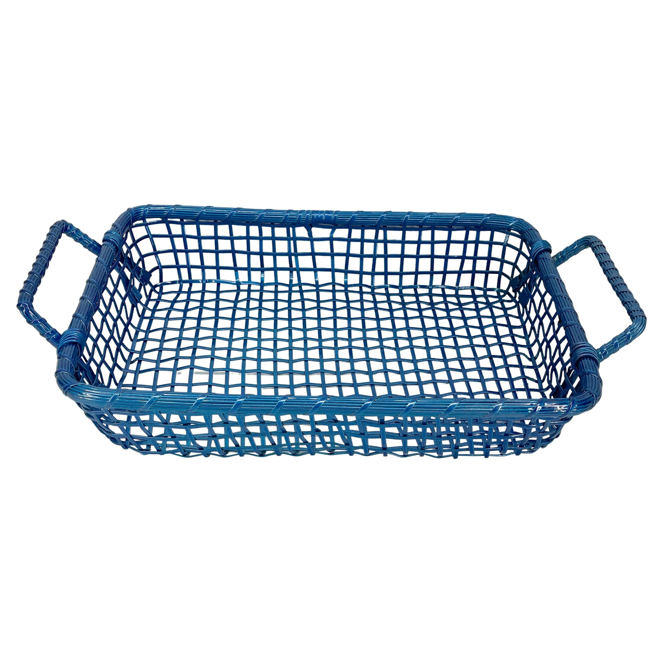 Small Maui Blue Metal Wire Basket Tray with Two Handles For Sale