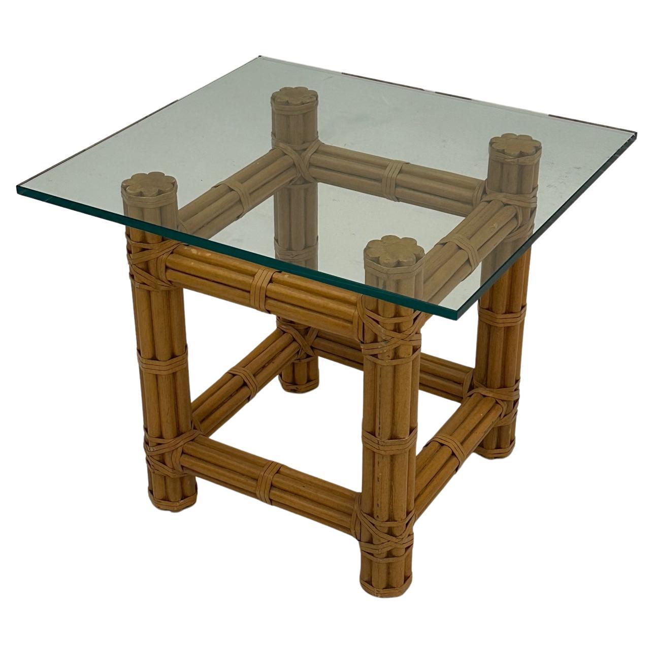 Small McGuire Bamboo Leather & Glass Side End Table For Sale