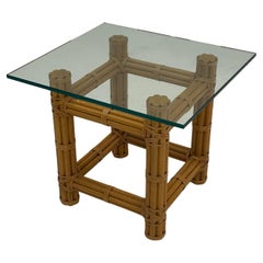 Small McGuire Bamboo Leather & Glass Side End Table