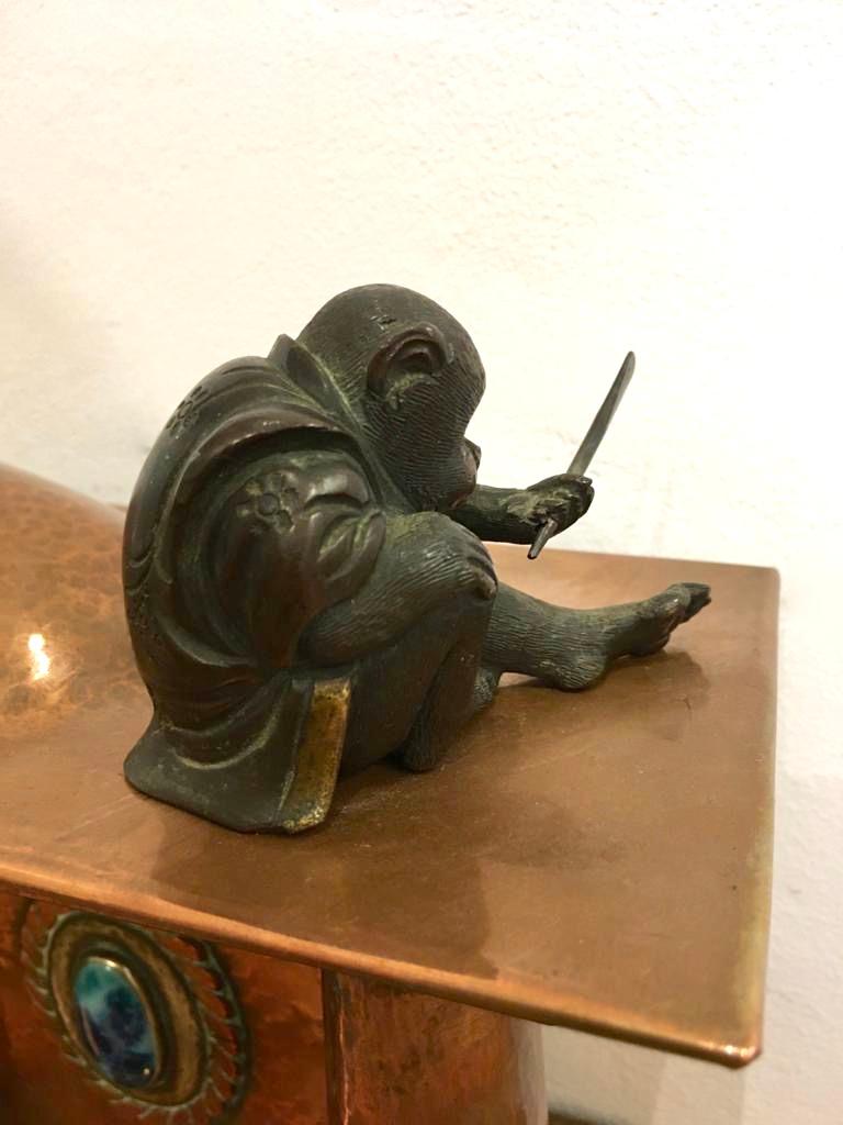 Late 19th Century Small Meiji Japanese Bronze Figure of a Monkey Wearing a Kimono For Sale