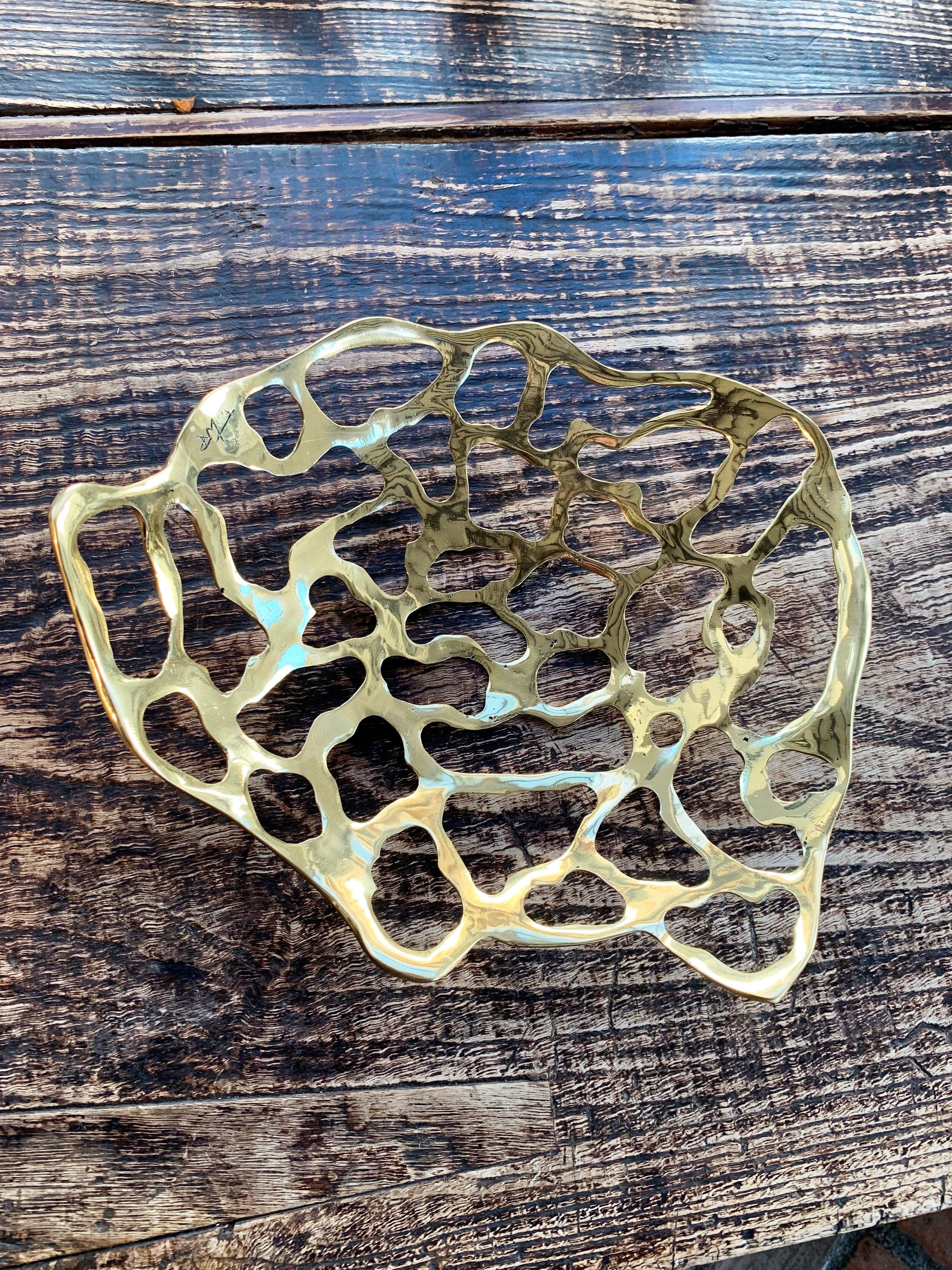 Brutalist Mesh Fruit Bowl Stylish Funcional Countertop Piece Gold Coloured Sand Cast Brass For Sale