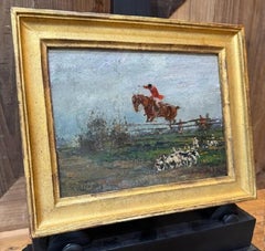 Small Mid 19th Century Oil on Board Painting Depicting Fox Hunt with Hounds