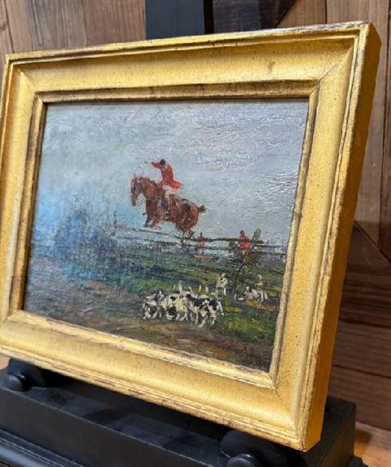 American Small Mid 19th Century Oil on Board Painting Depicting Fox Hunt with Hounds For Sale