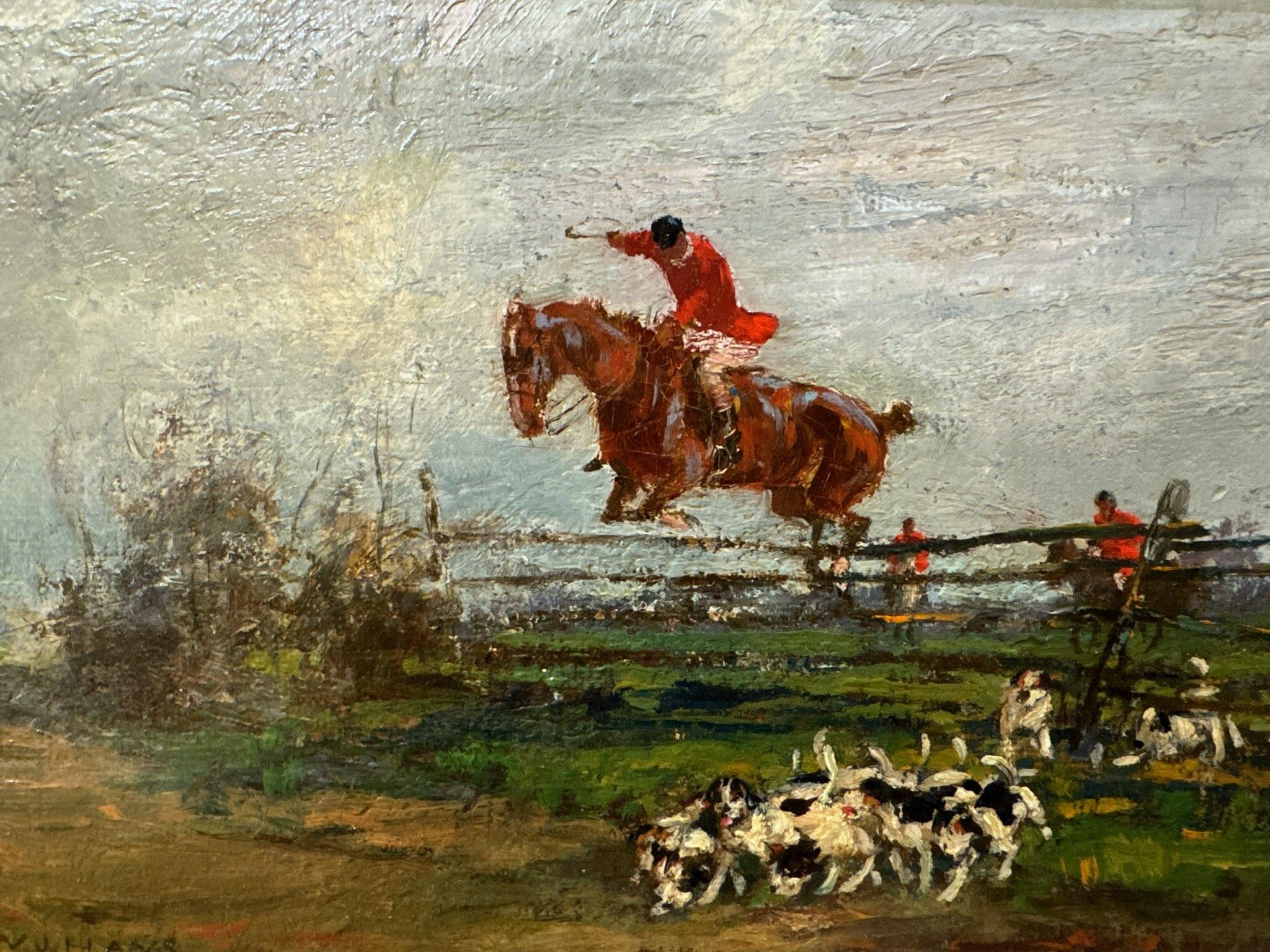 Hand-Painted Small Mid 19th Century Oil on Board Painting Depicting Fox Hunt with Hounds For Sale