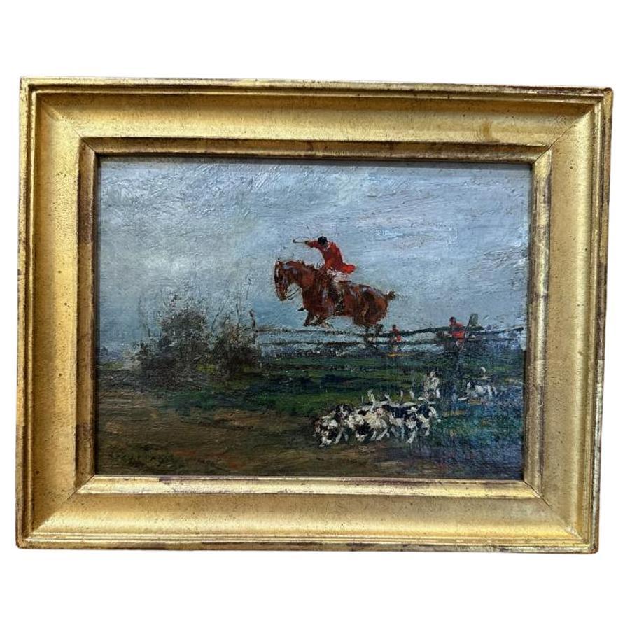 Small Mid 19th Century Oil on Board Painting Depicting Fox Hunt with Hounds For Sale