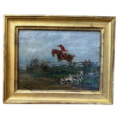 Petite peinture à l'huile sur panneau du milieu du 19e siècle représentant une chasse au renard avec des chiens courants