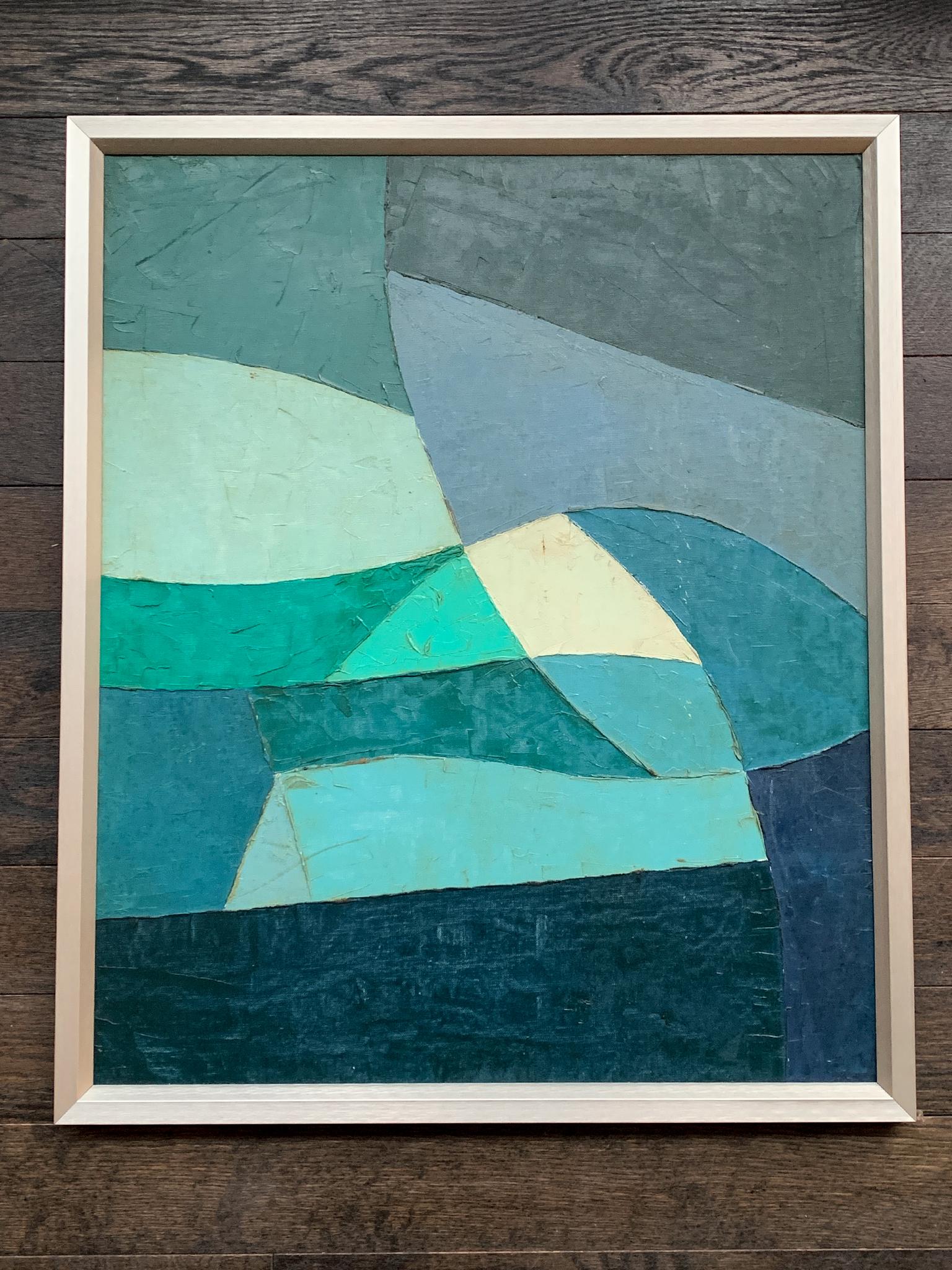 Made in the Mid-20th Century by an unknown Connecticut artist, this small abstract oil-on-canvas painting packs an incredible amount of color and texture. A harmony of blues, greens, and grays are applied in thick impasto and arranged to create the