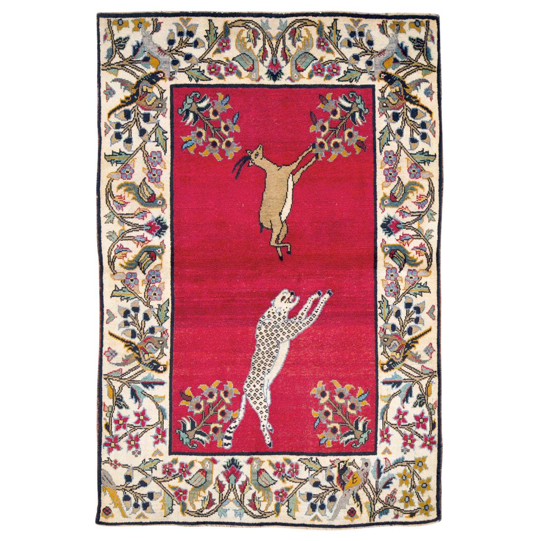 Small Mid-20th Century Handmade Persian Tabriz Pictorial Leopard Accent Rug