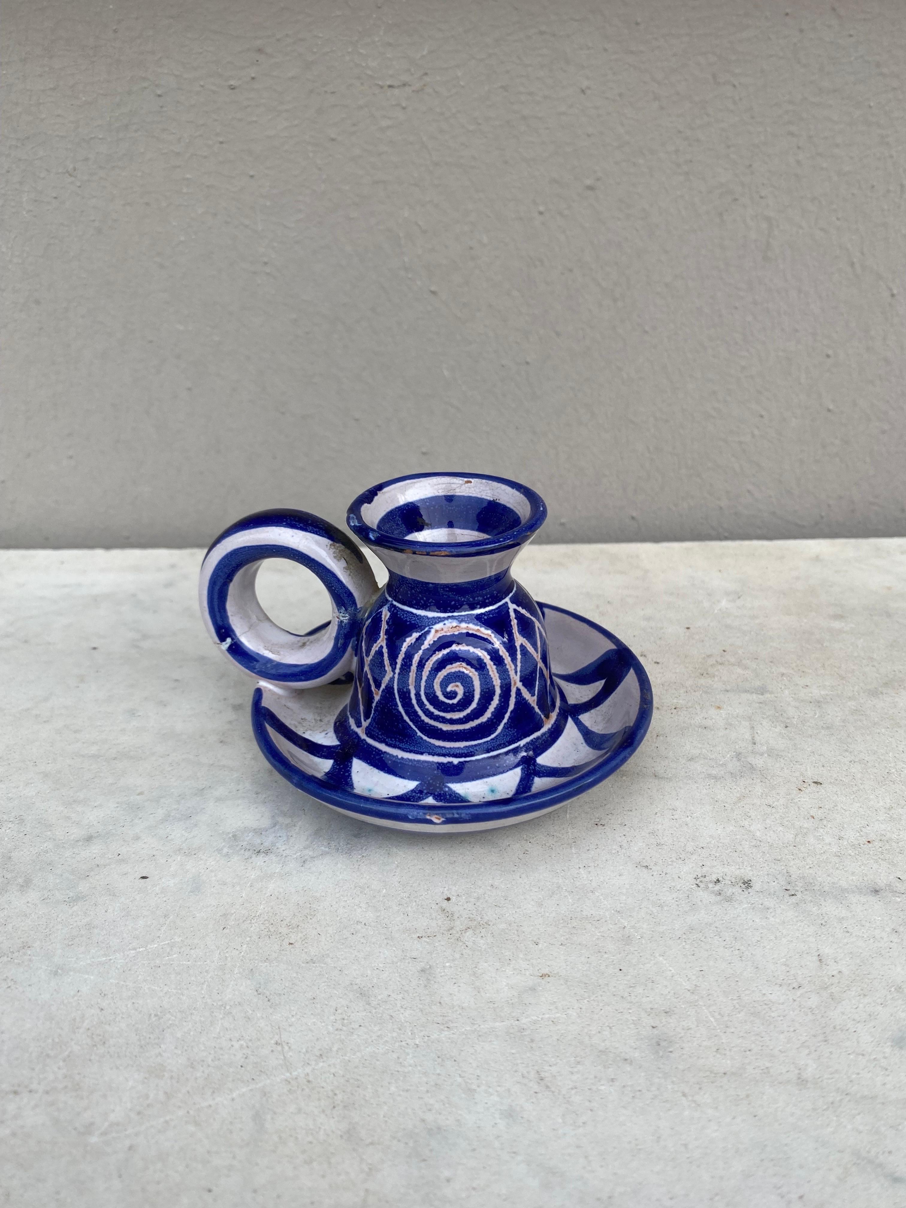 Mid-Century Modern Small Mid-Century Blue & White Candlestick Robert Picault Vallauris For Sale