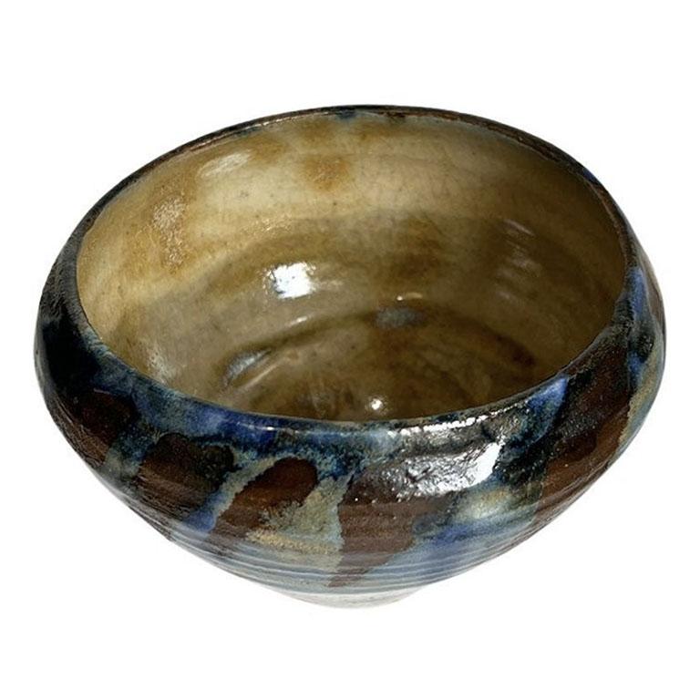 Folk Art Small Mid Century Ceramic Outsider Stoneware Bowl in Blue and Brown For Sale