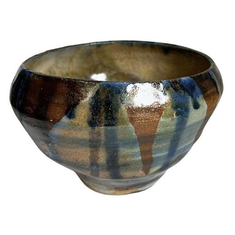 American Small Mid Century Ceramic Outsider Stoneware Bowl in Blue and Brown  For Sale