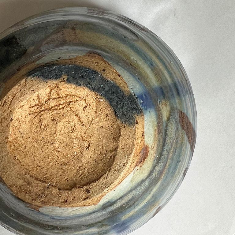 Small Mid Century Ceramic Outsider Stoneware Bowl in Blue and Brown In Good Condition For Sale In Oklahoma City, OK