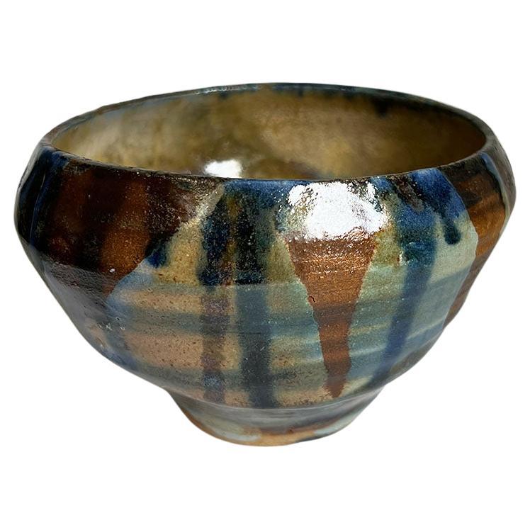 Small Mid Century Ceramic Outsider Stoneware Bowl in Blue and Brown  For Sale