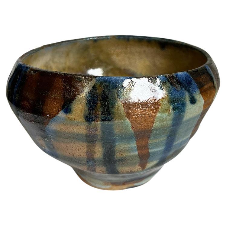 Small Mid Century Ceramic Outsider Stoneware Bowl in Blue and Brown For Sale