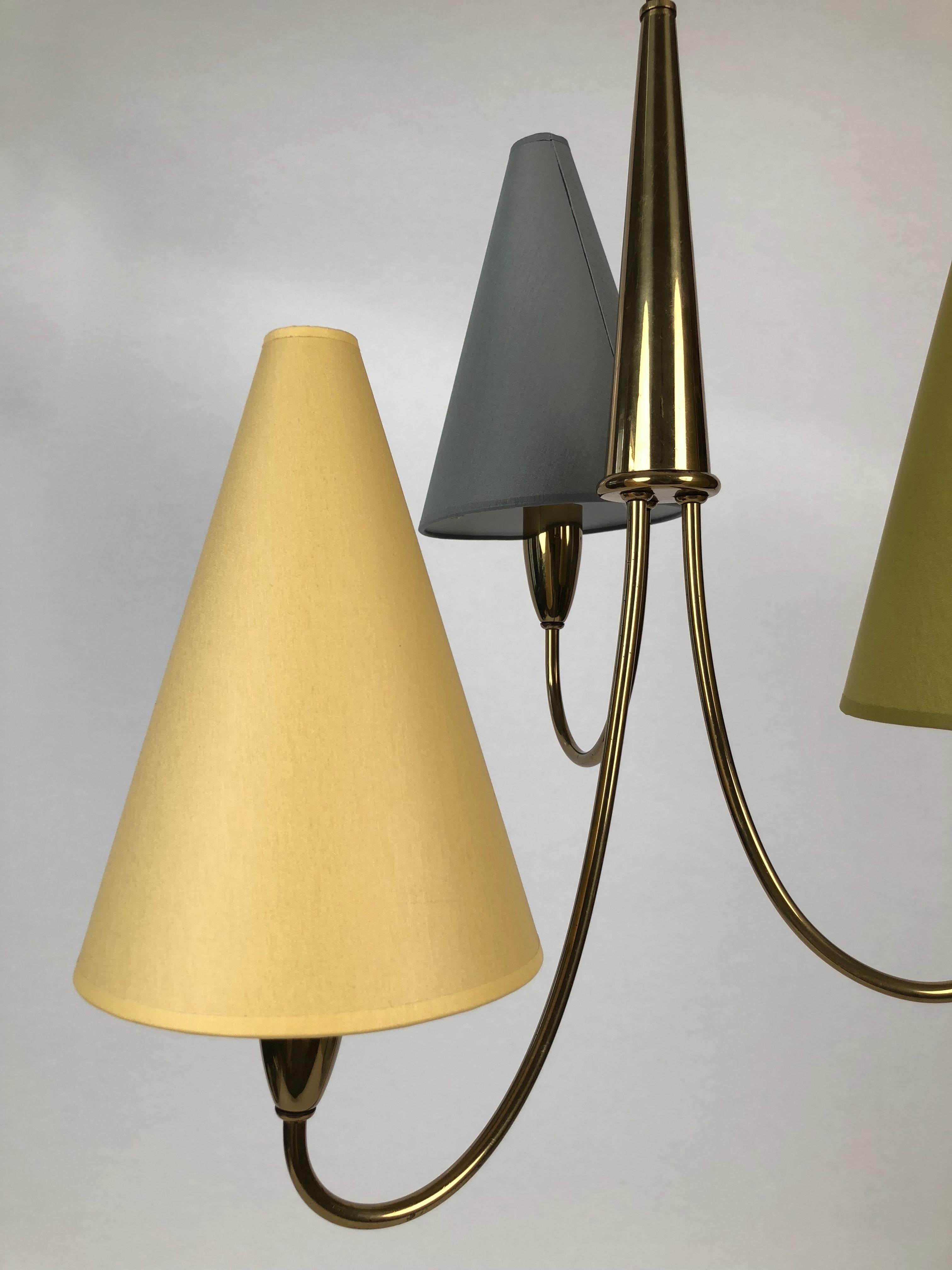 Mid-Century Modern Small Midcentury Chandelier in Brass with Three Colorful Shades