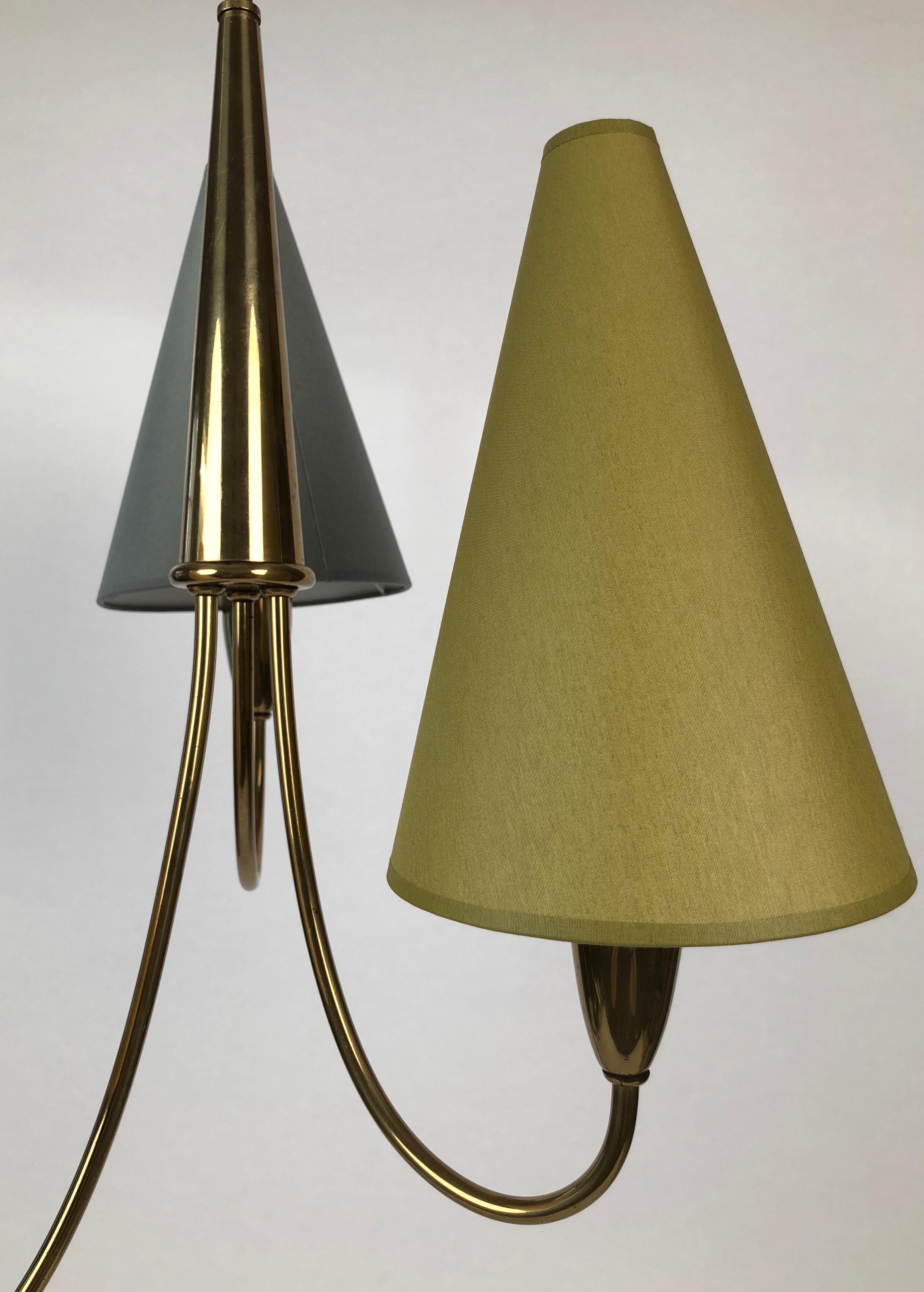 Austrian Small Midcentury Chandelier in Brass with Three Colorful Shades