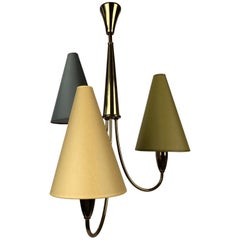 Small Midcentury Chandelier in Brass with Three Colorful Shades