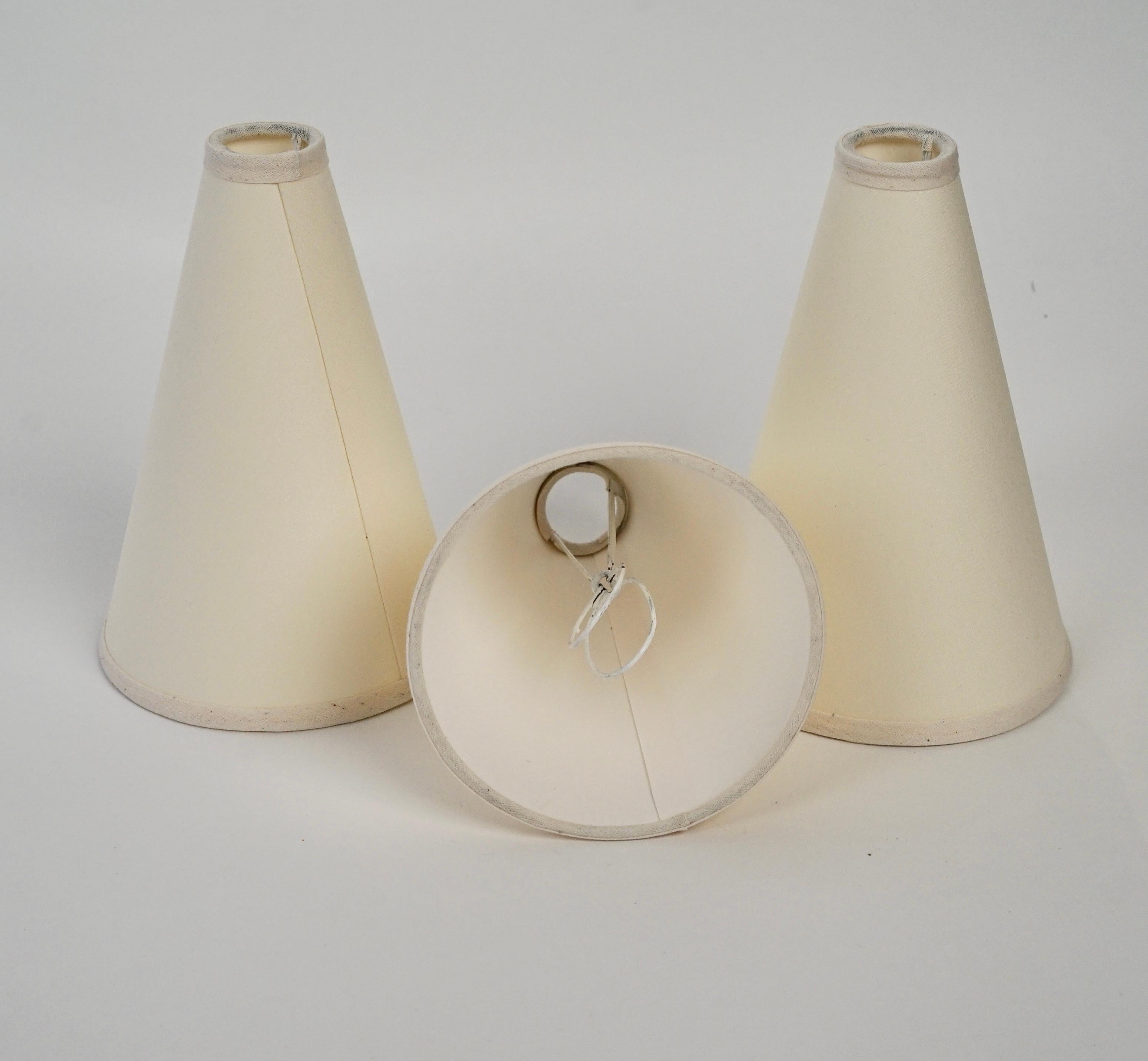 Small Mid Century Chandelier in Brass with three Paper Shades For Sale 3