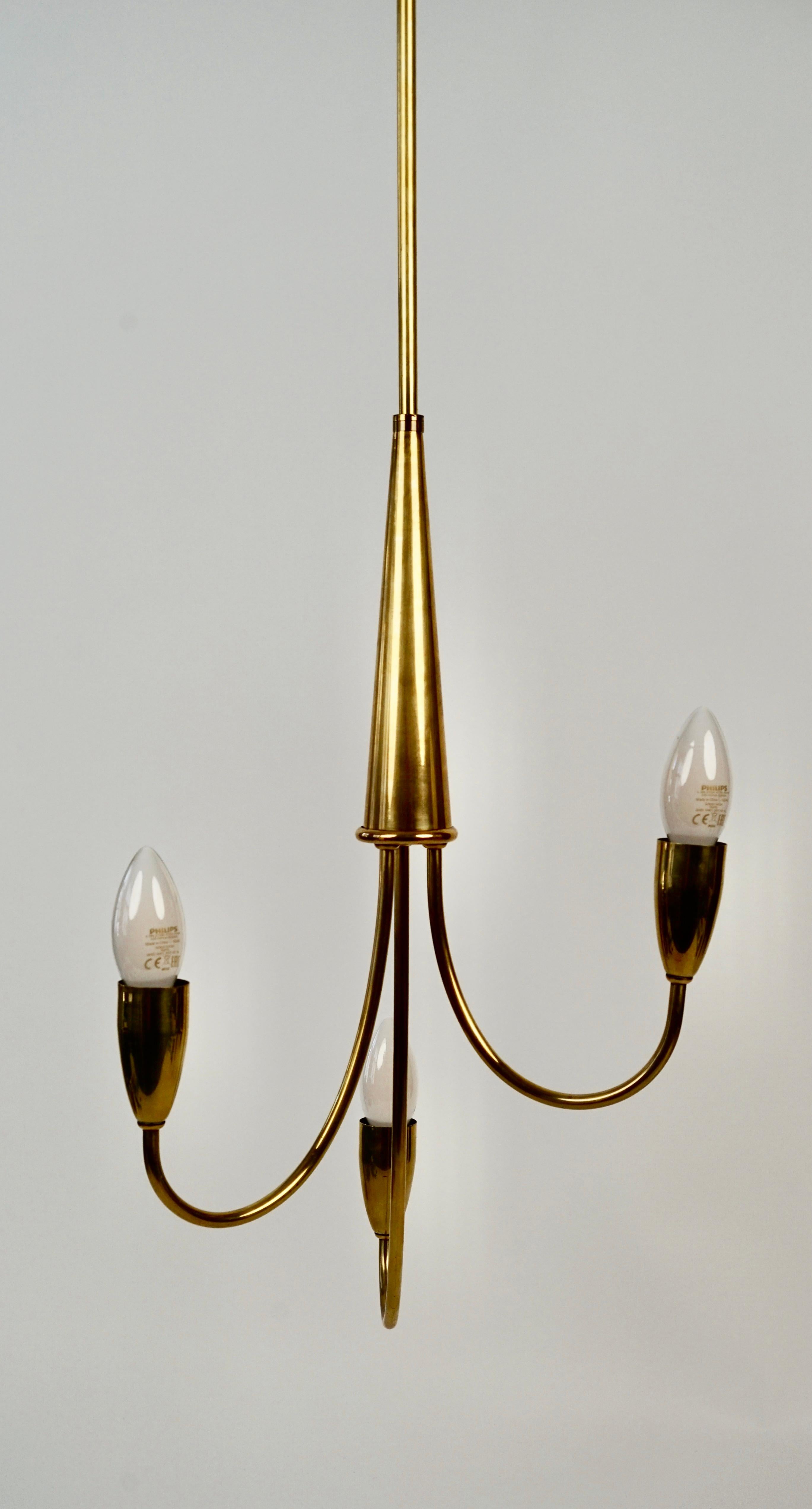 Small Mid Century Chandelier in Brass with three Paper Shades For Sale 5
