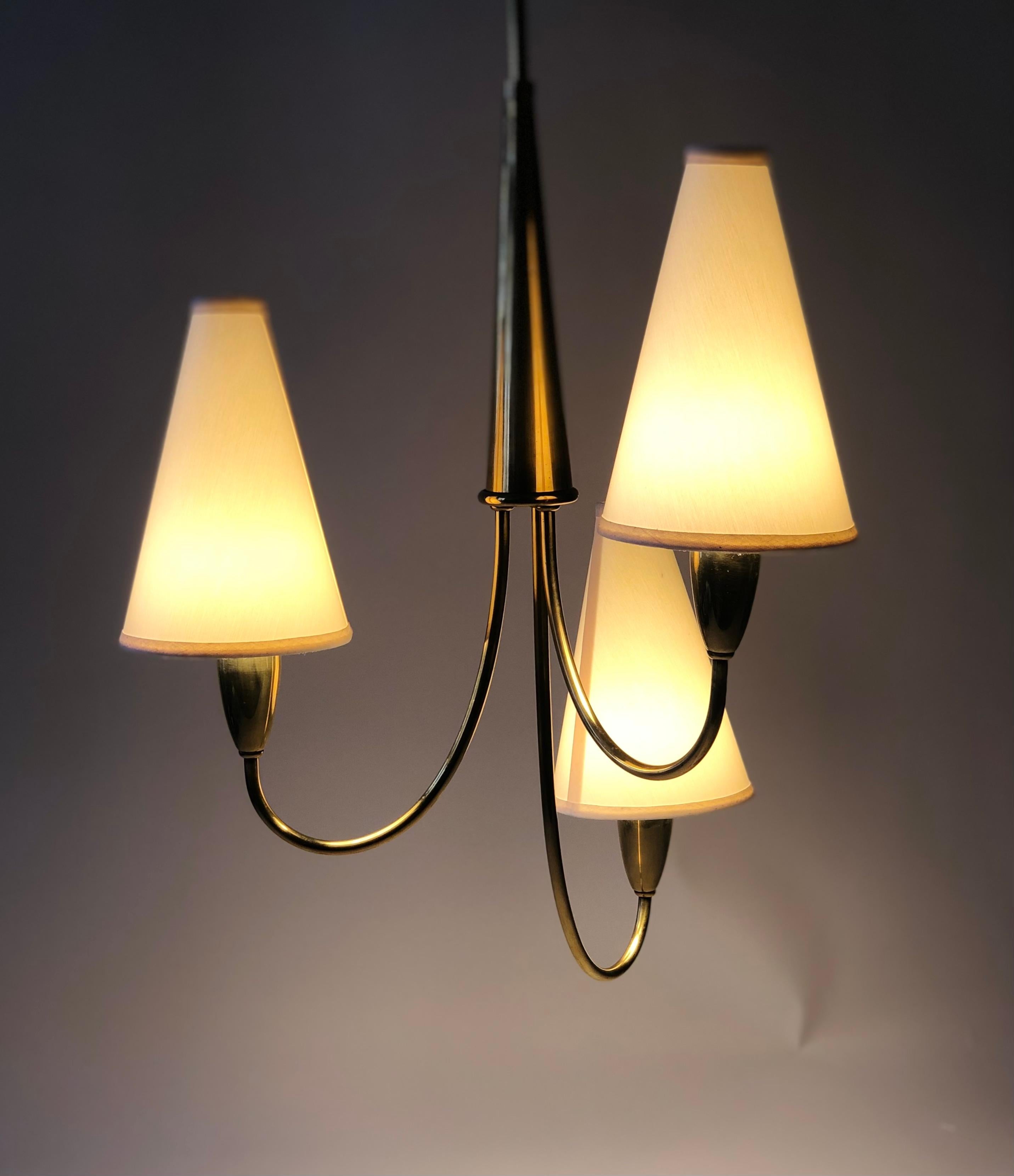 Small Mid Century Chandelier in Brass with three Paper Shades For Sale 6