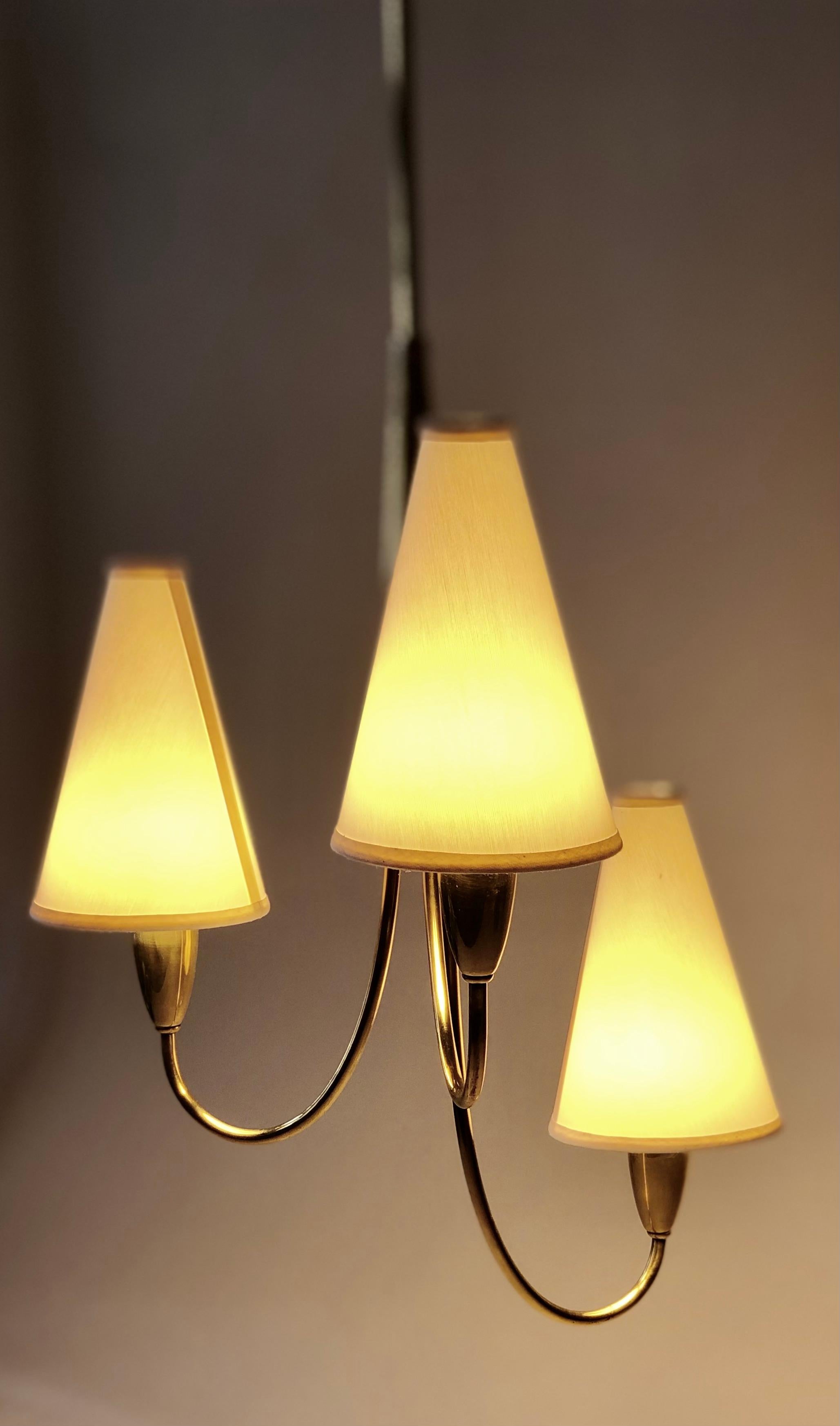 Small Mid Century Chandelier in Brass with three Paper Shades For Sale 7