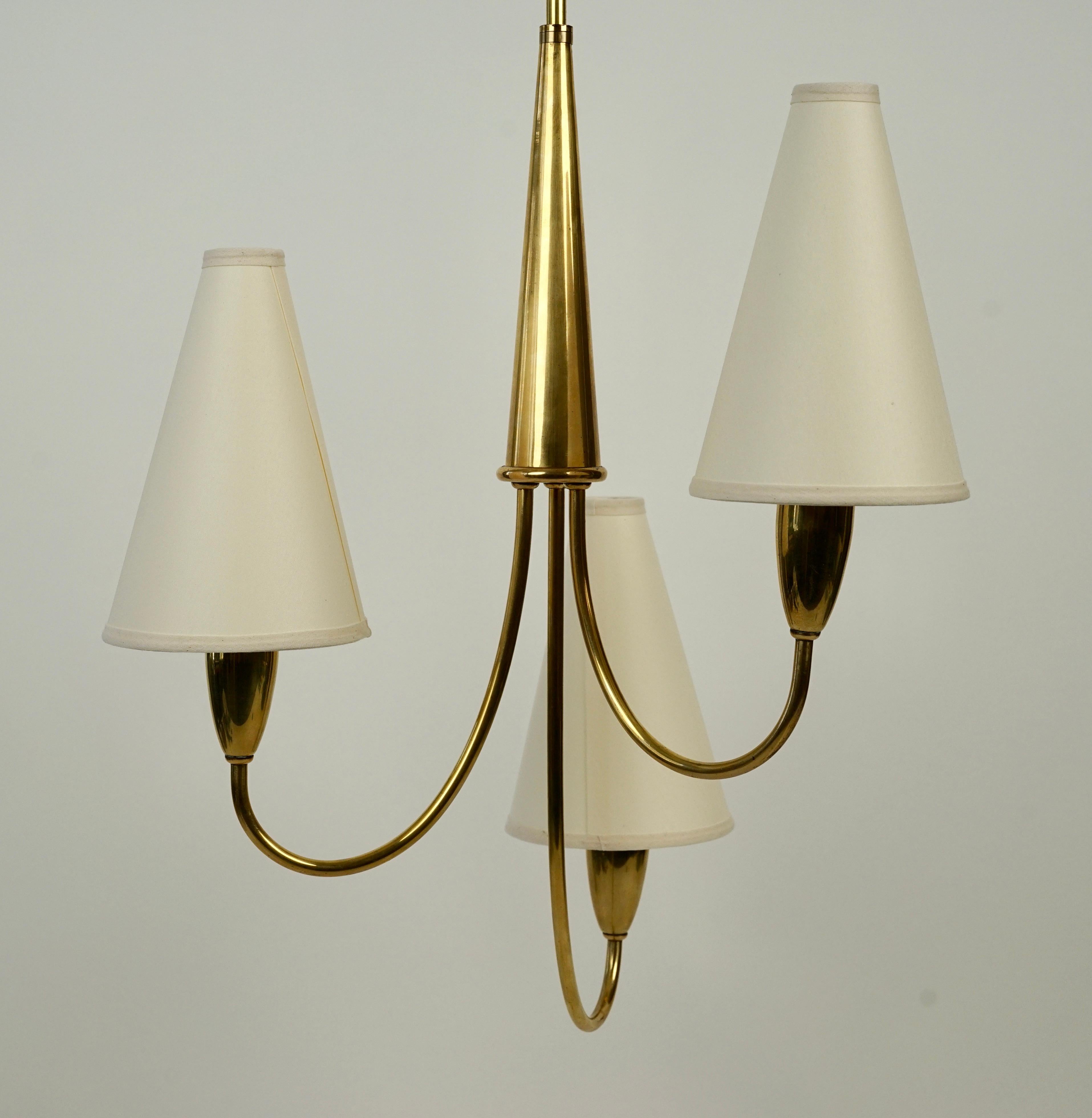 Austrian Small Mid Century Chandelier in Brass with three Paper Shades For Sale