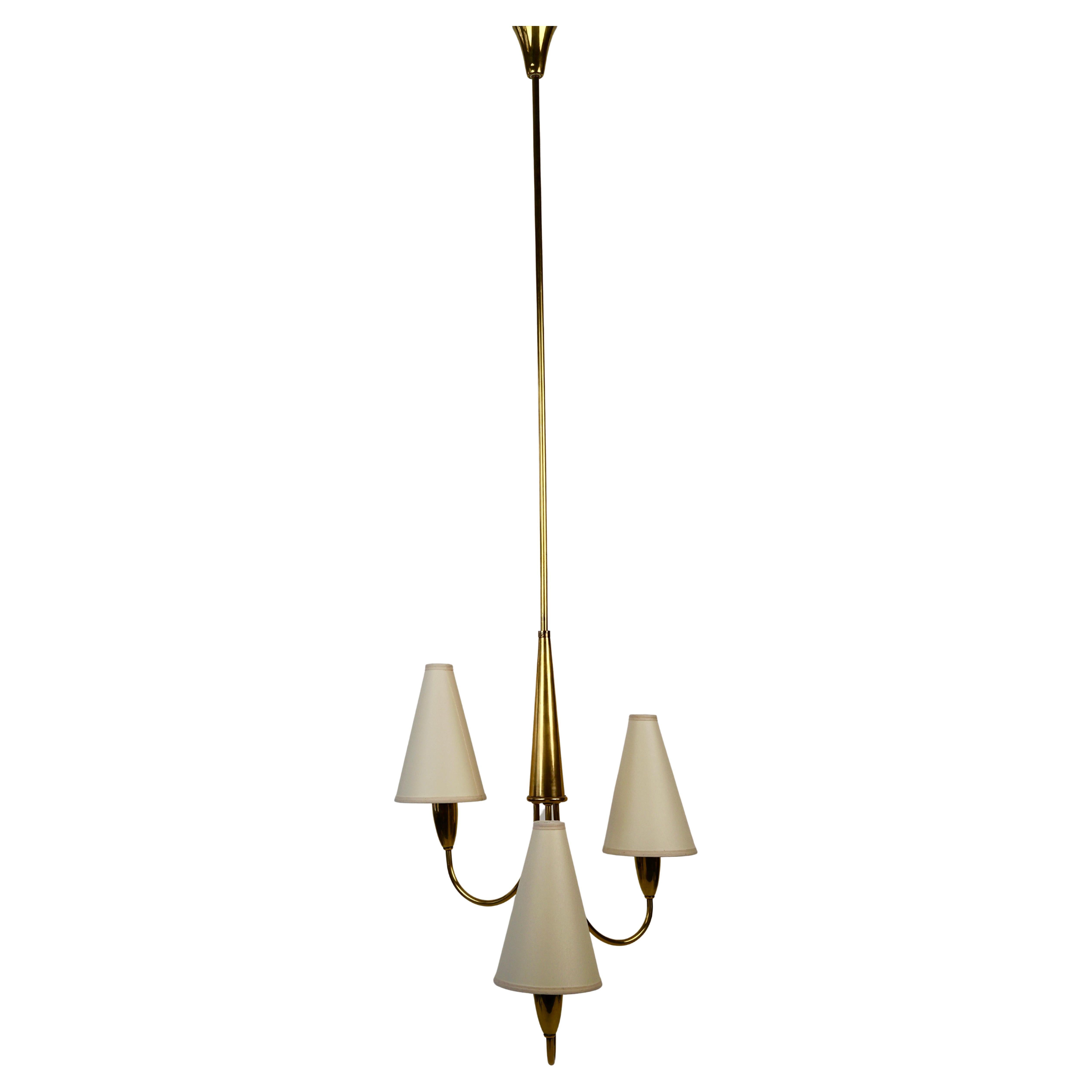 Small Mid Century Chandelier in Brass with three Paper Shades For Sale