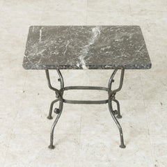 Small Midcentury French Hand Forged Iron Side Table, End Table with Marble Top