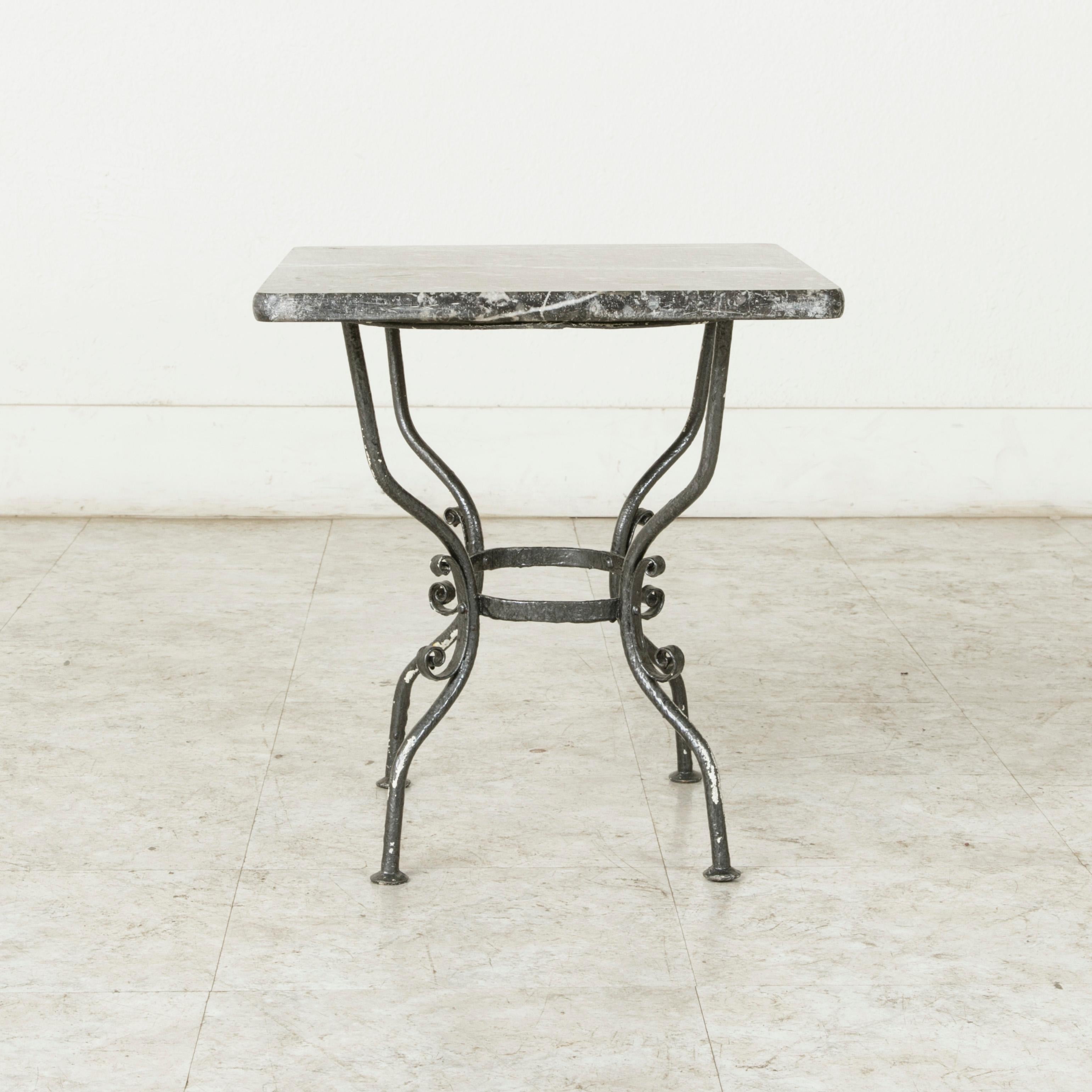 20th Century Small Midcentury French Hand Forged Iron Side Table, End Table with Marble Top