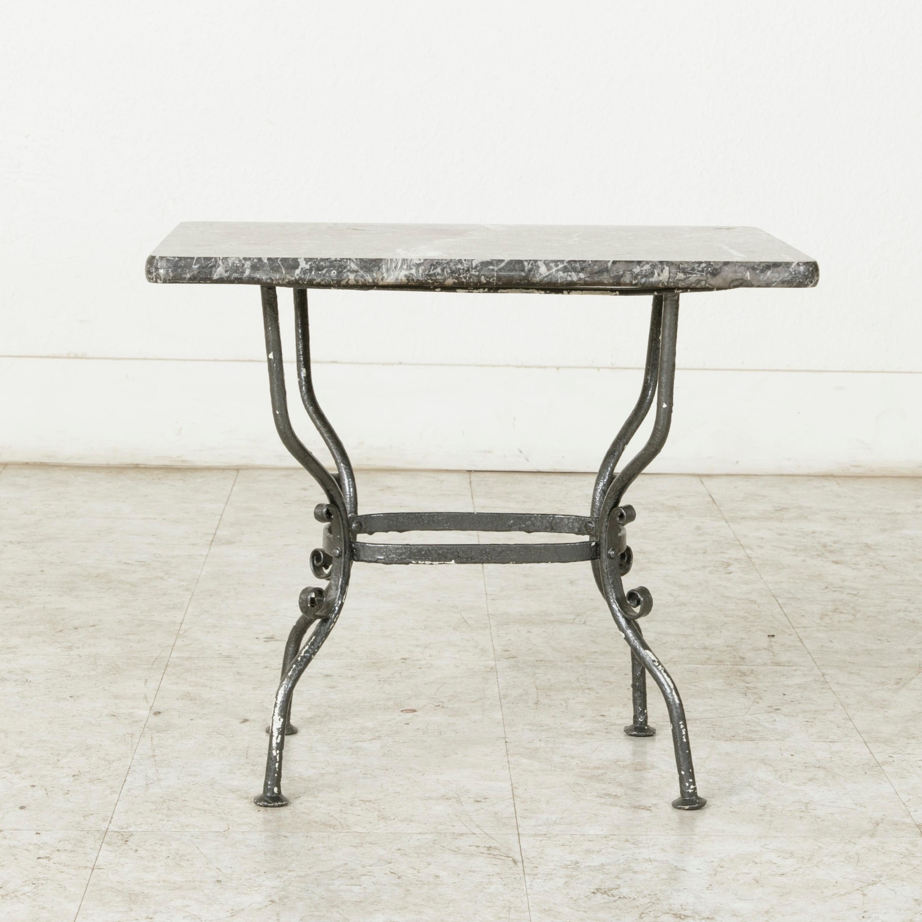 Small Midcentury French Hand Forged Iron Side Table, End Table with Marble Top 1