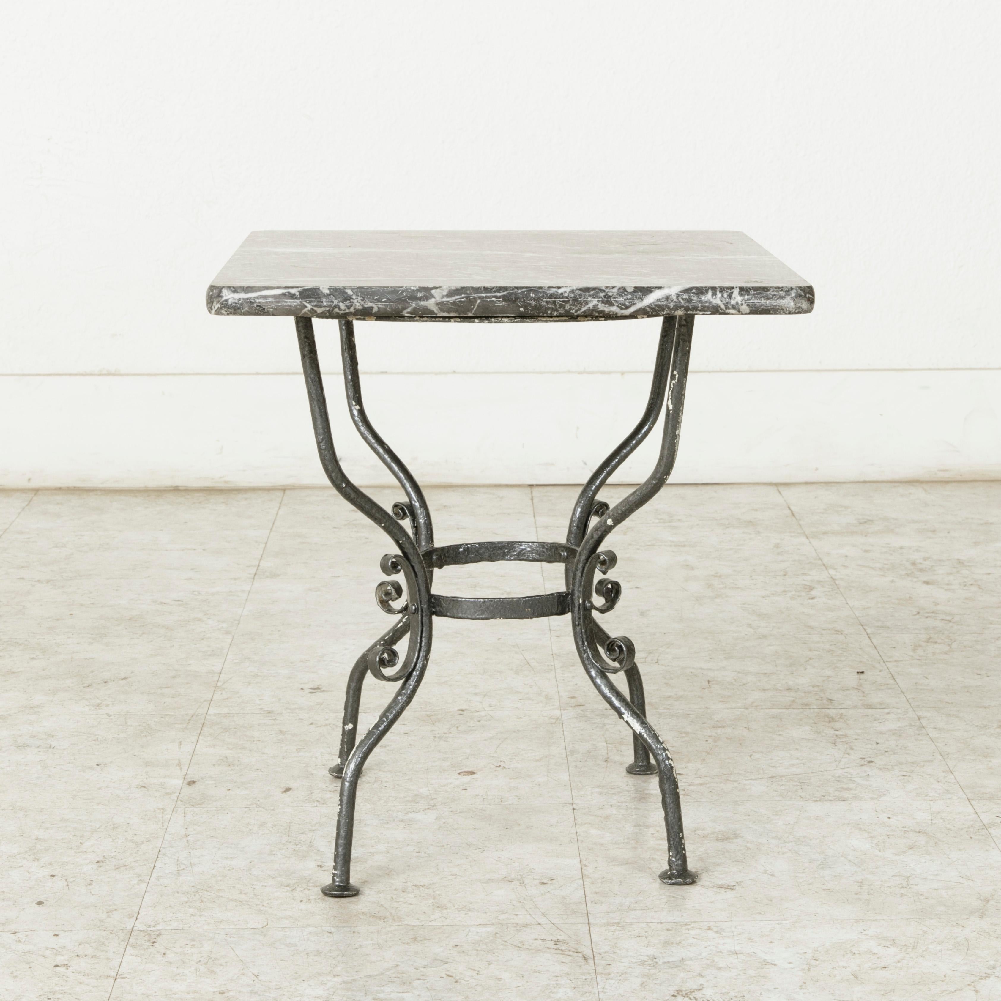 Small Midcentury French Hand Forged Iron Side Table, End Table with Marble Top 2