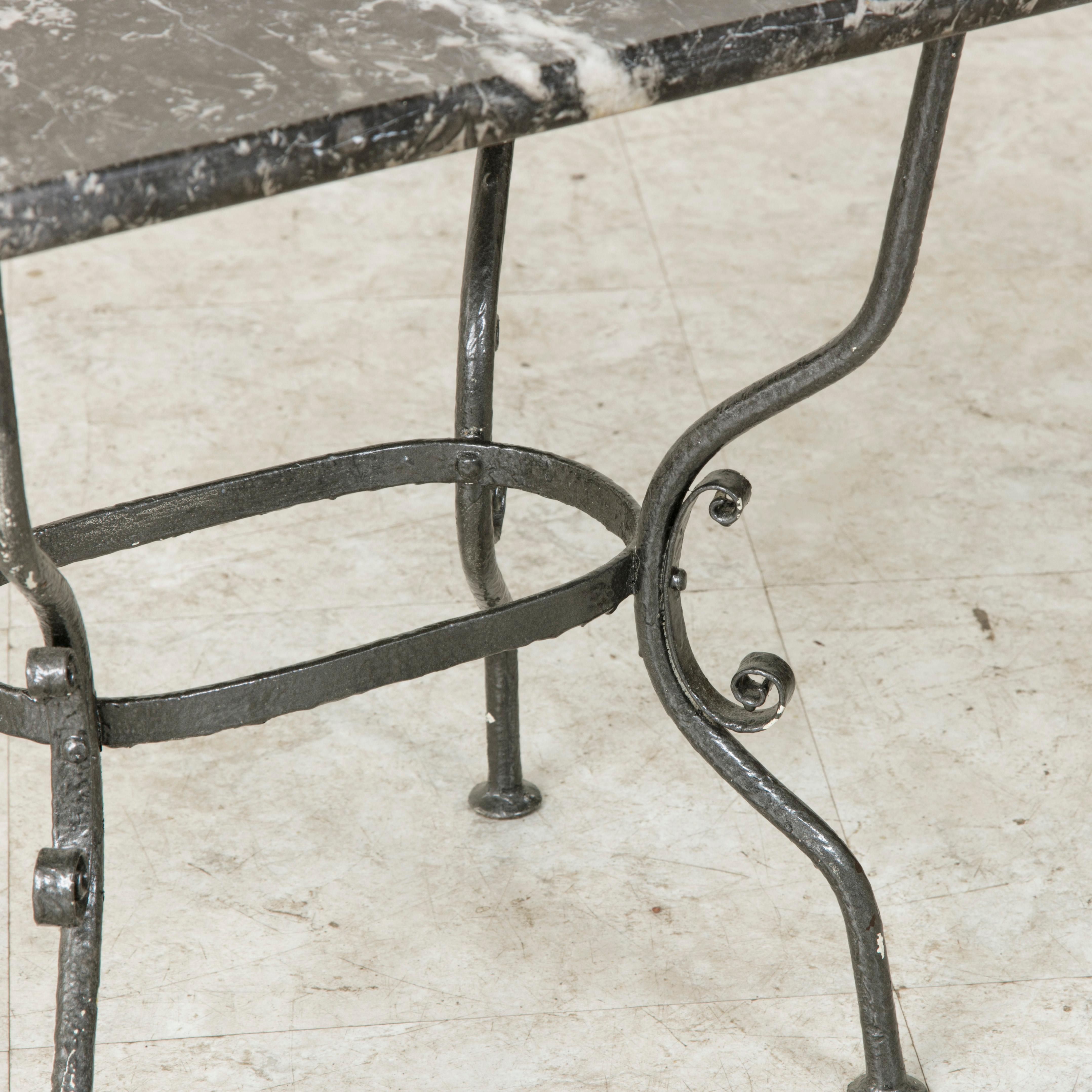 Small Midcentury French Hand Forged Iron Side Table, End Table with Marble Top 3