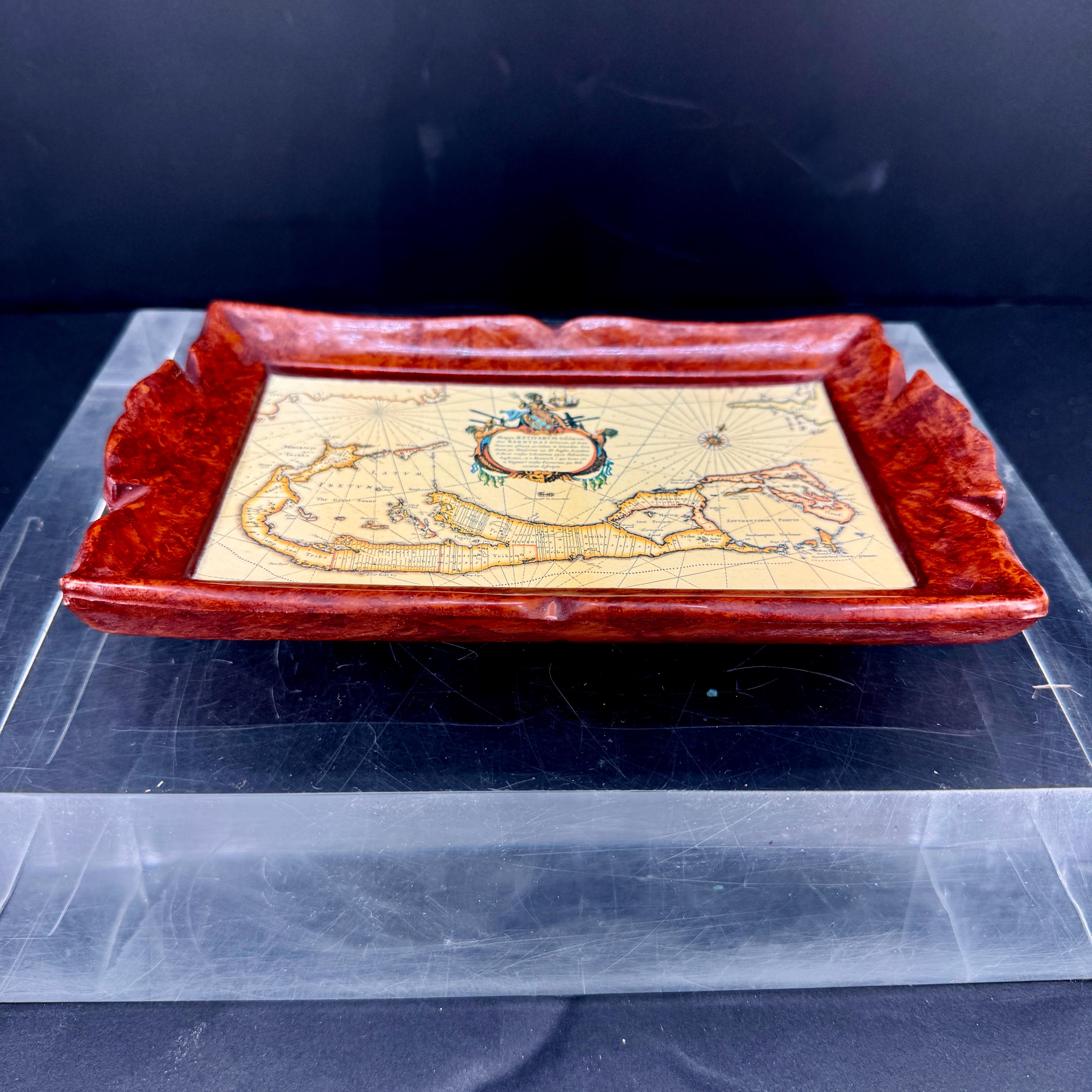 Hand-Crafted Small Mid-Century Italian Burl Tray and Map of Bermuda For Sale