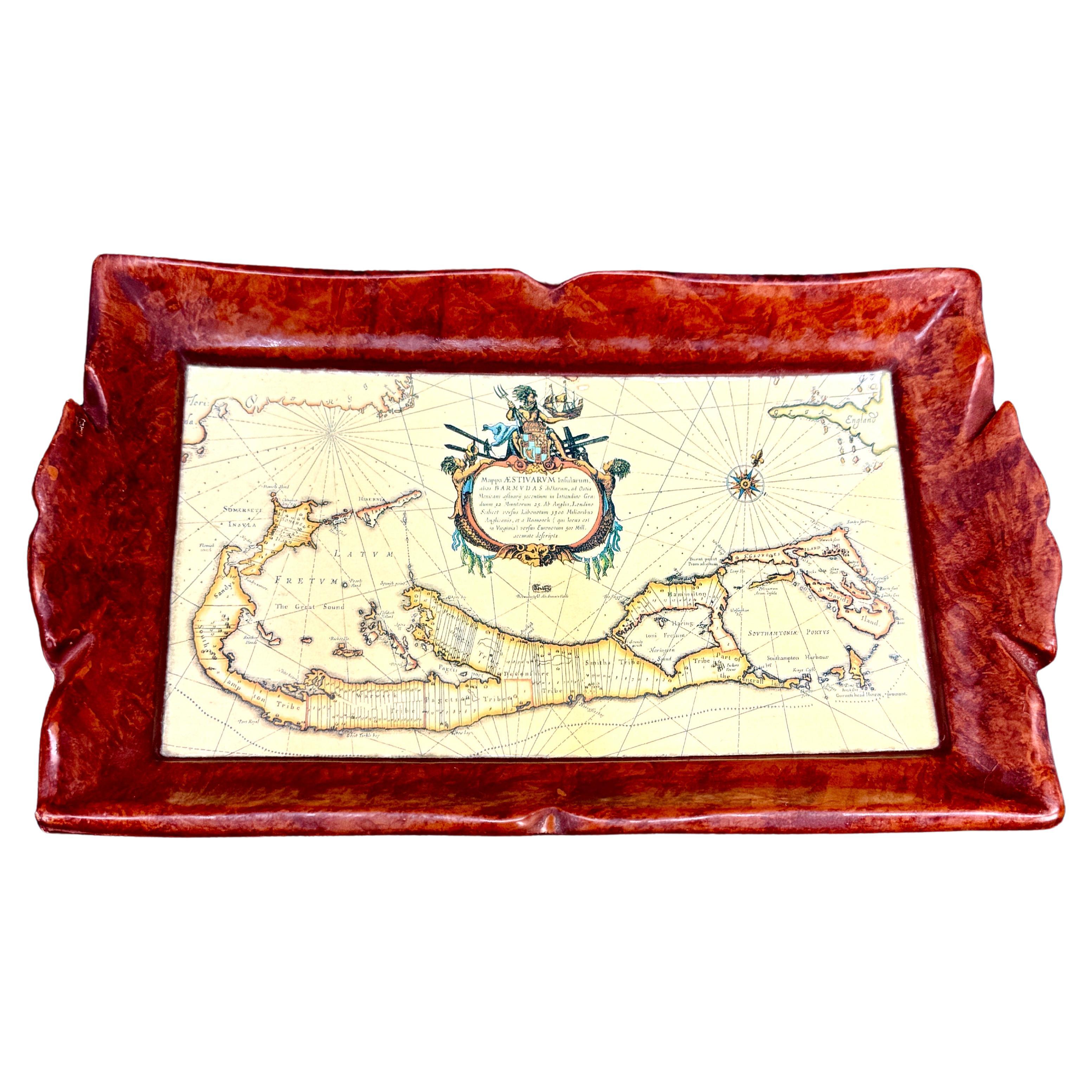 Small Mid-Century Italian Burl Tray and Map of Bermuda For Sale
