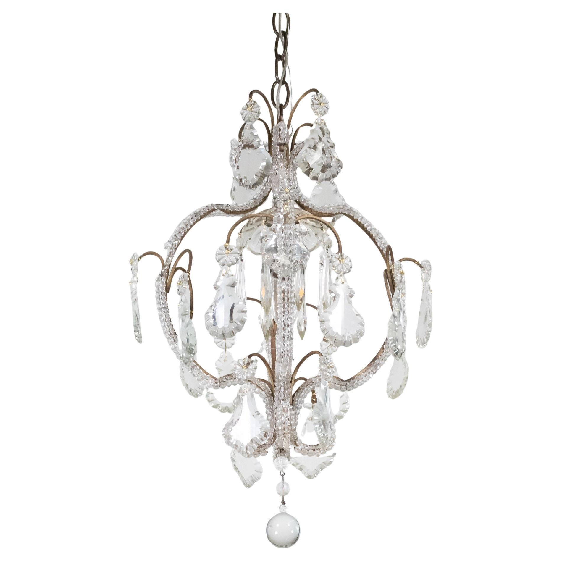 Small Mid Century Italian Rococo Style Crystal Single-Light Chandelier