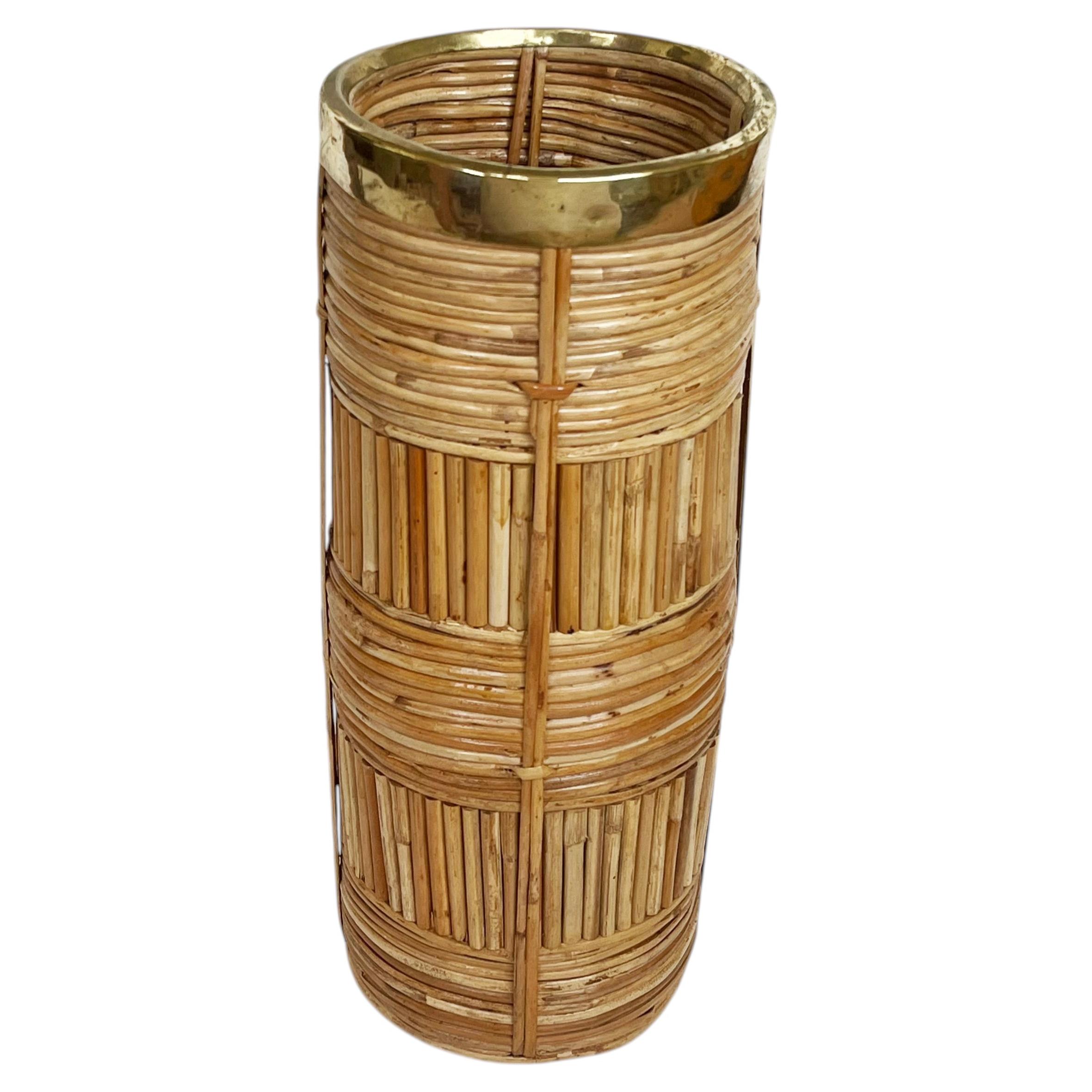 mid Century Italian Umbrella Stand in Rattan and Brass, 1960s