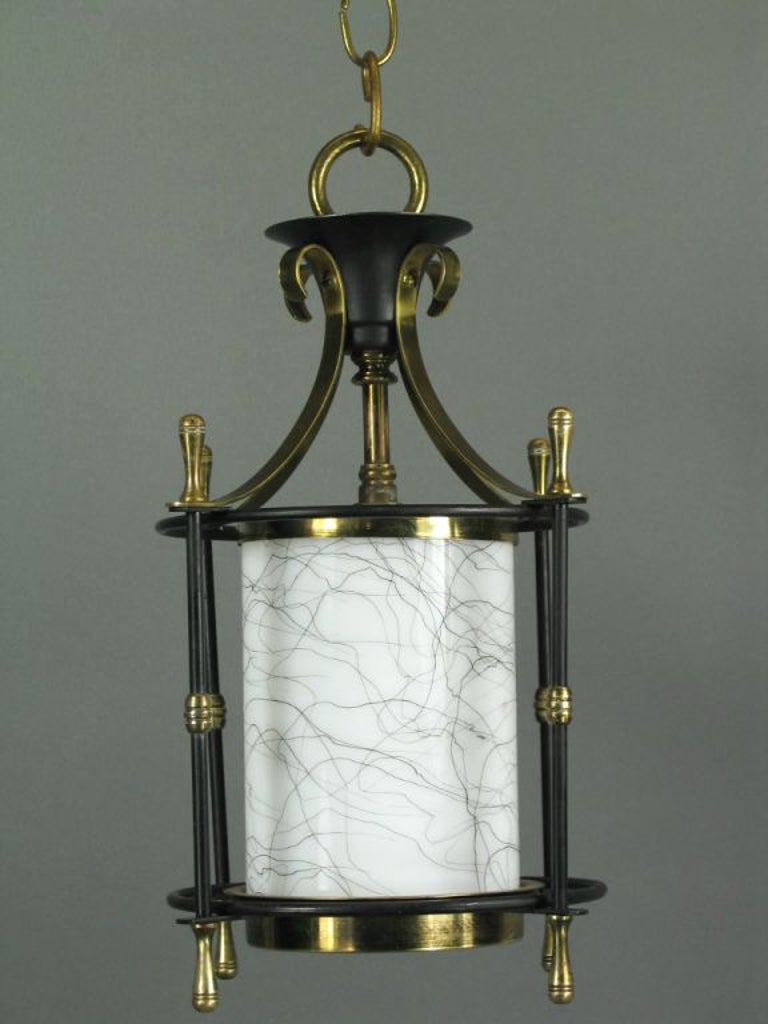 Small blackened brass lantern with art glass shade
  