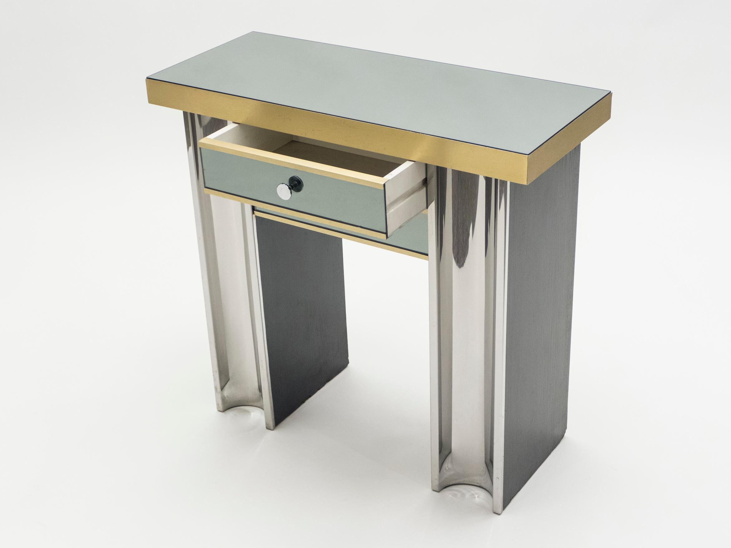 Small Midcentury Mirrored and Brass French Console Table, 1970s 2